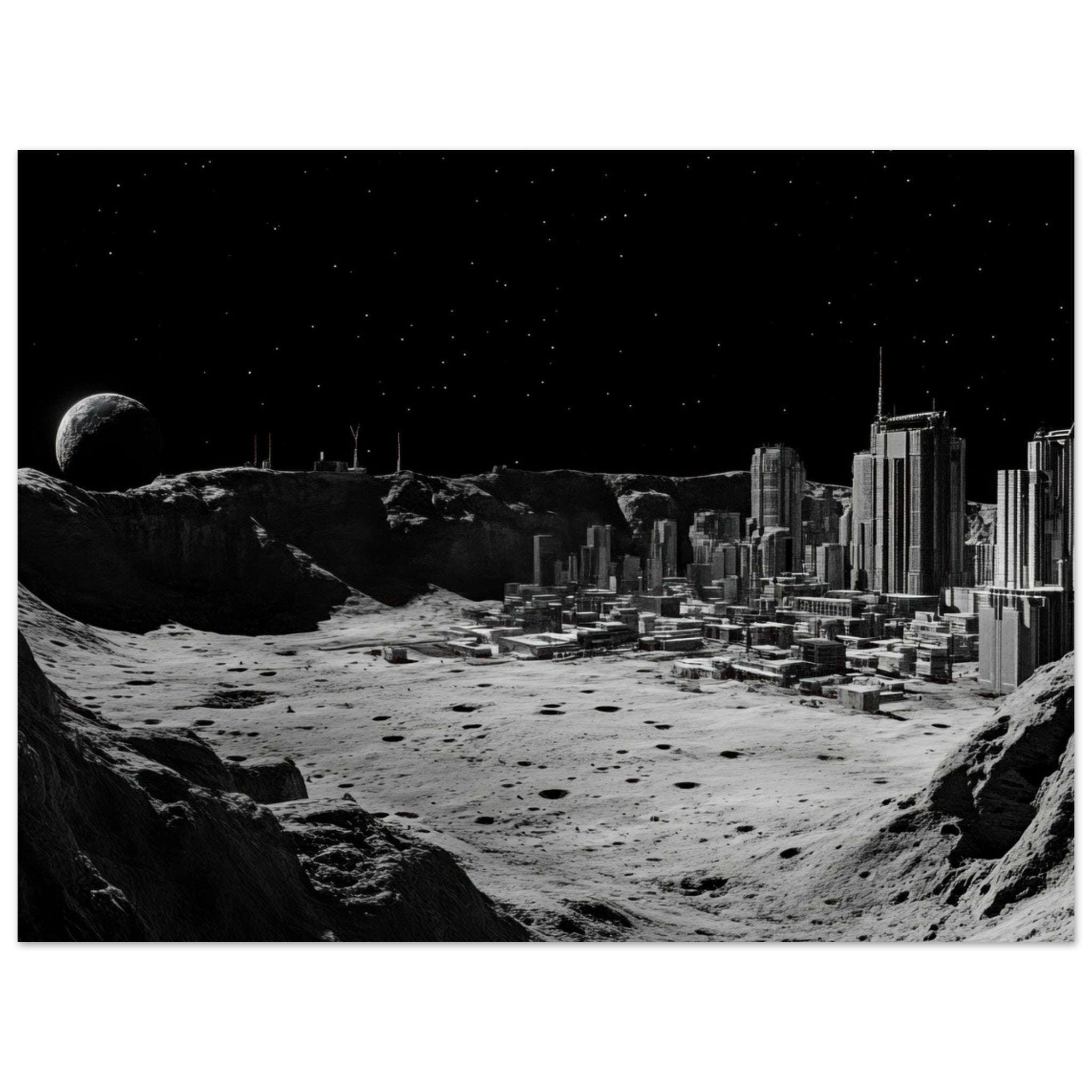 Fine Art Poster Landscape - Crater City on a Dead Moon A sprawling city built - Shop Ai Art WebShop - Digital Art online Store