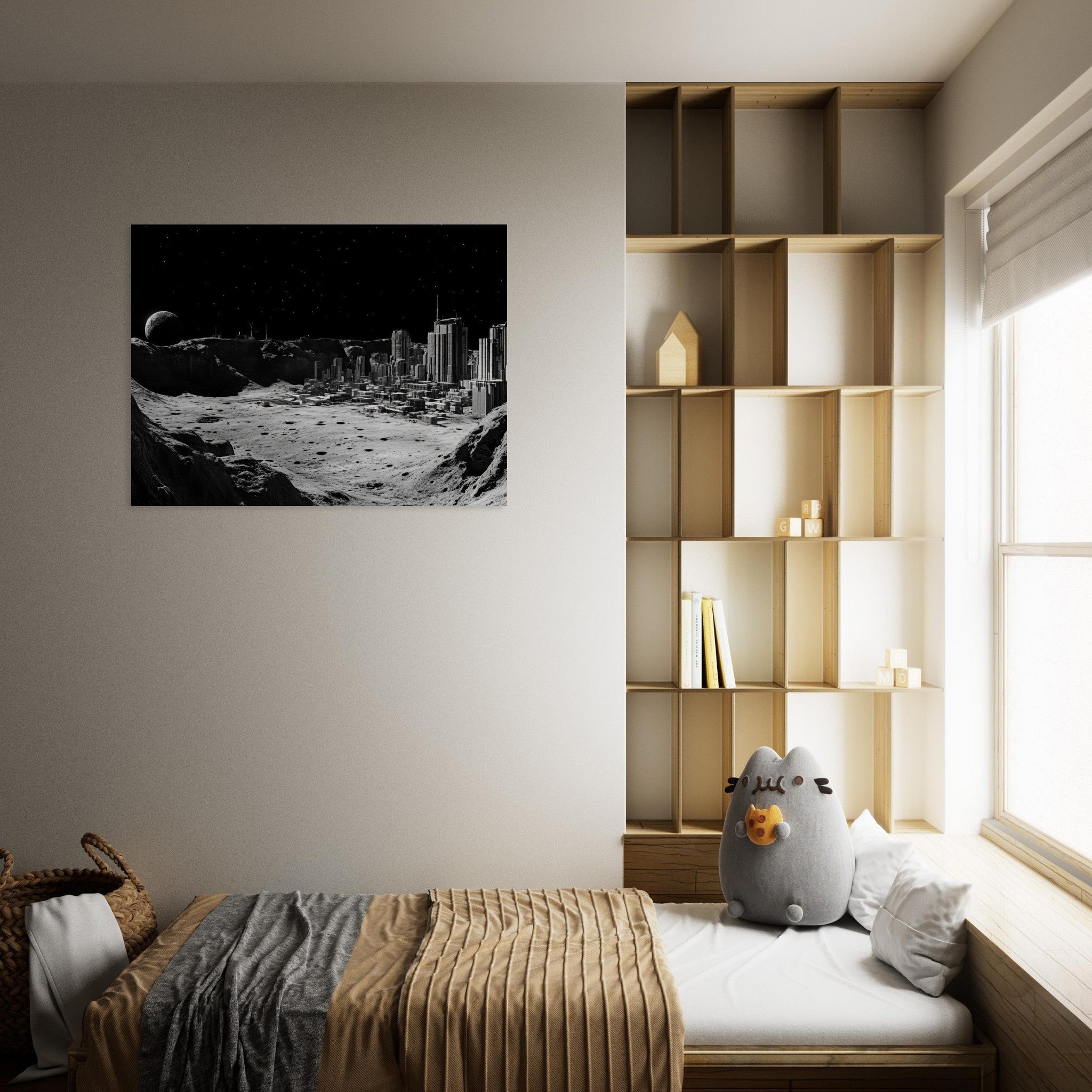 Fine Art Poster Landscape - Crater City on a Dead Moon A sprawling city built - Shop Ai Art WebShop - Digital Art online Store
