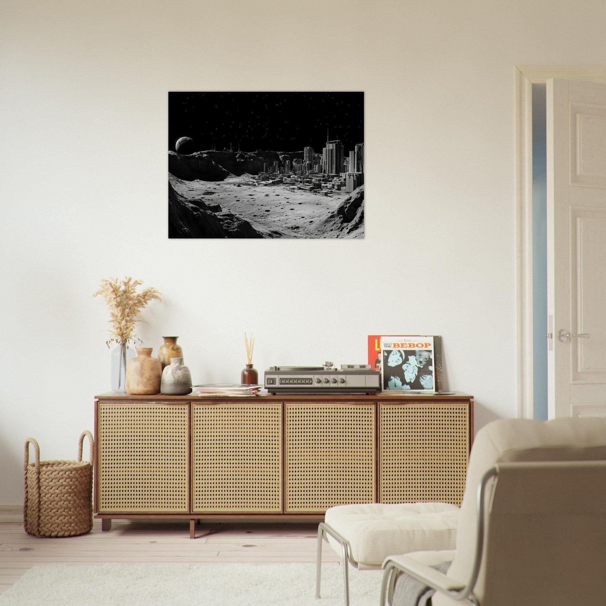 Fine Art Poster Landscape - Crater City on a Dead Moon A sprawling city built - Shop Ai Art WebShop - Digital Art online Store