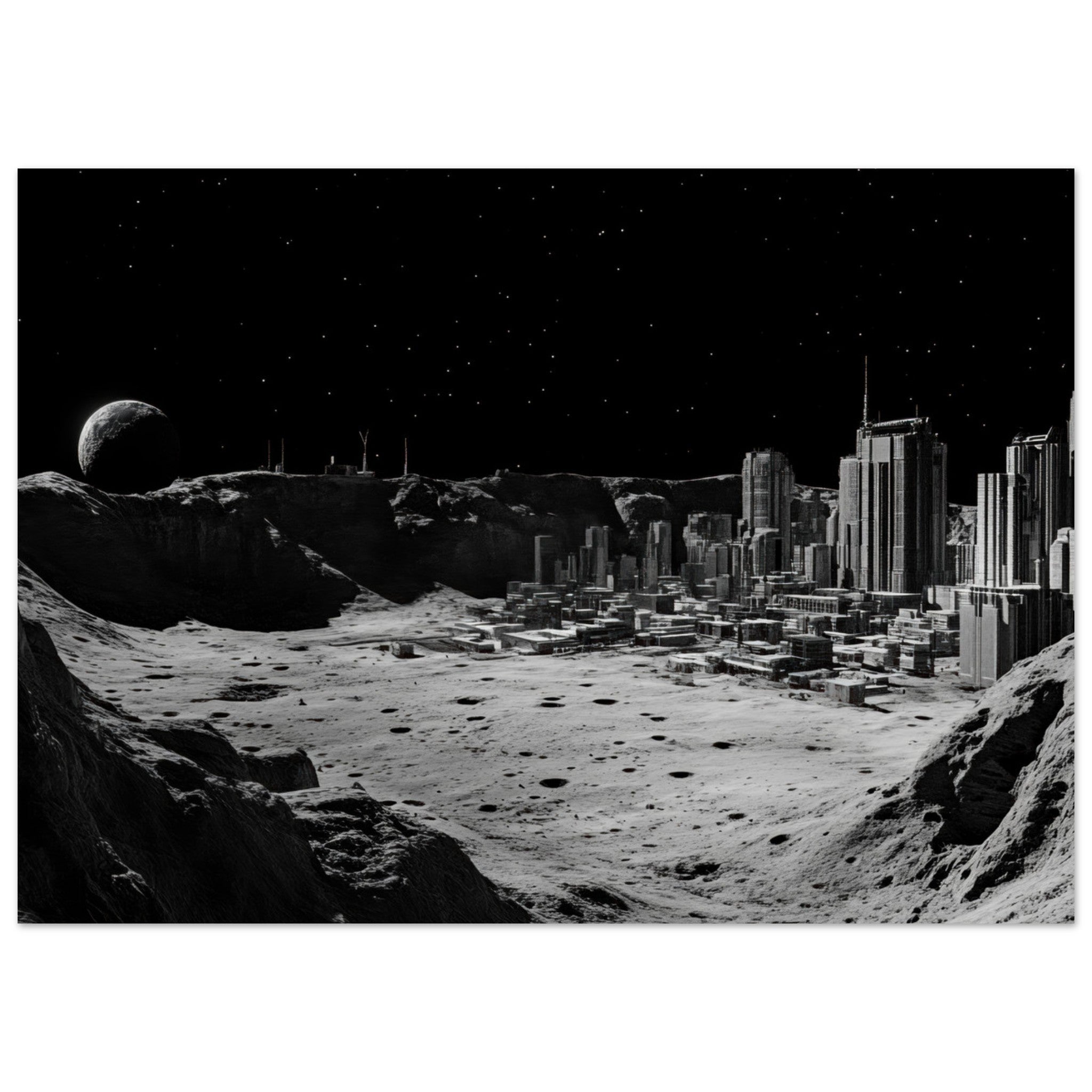 Fine Art Poster Landscape - Crater City on a Dead Moon A sprawling city built - Shop Ai Art WebShop - Digital Art online Store