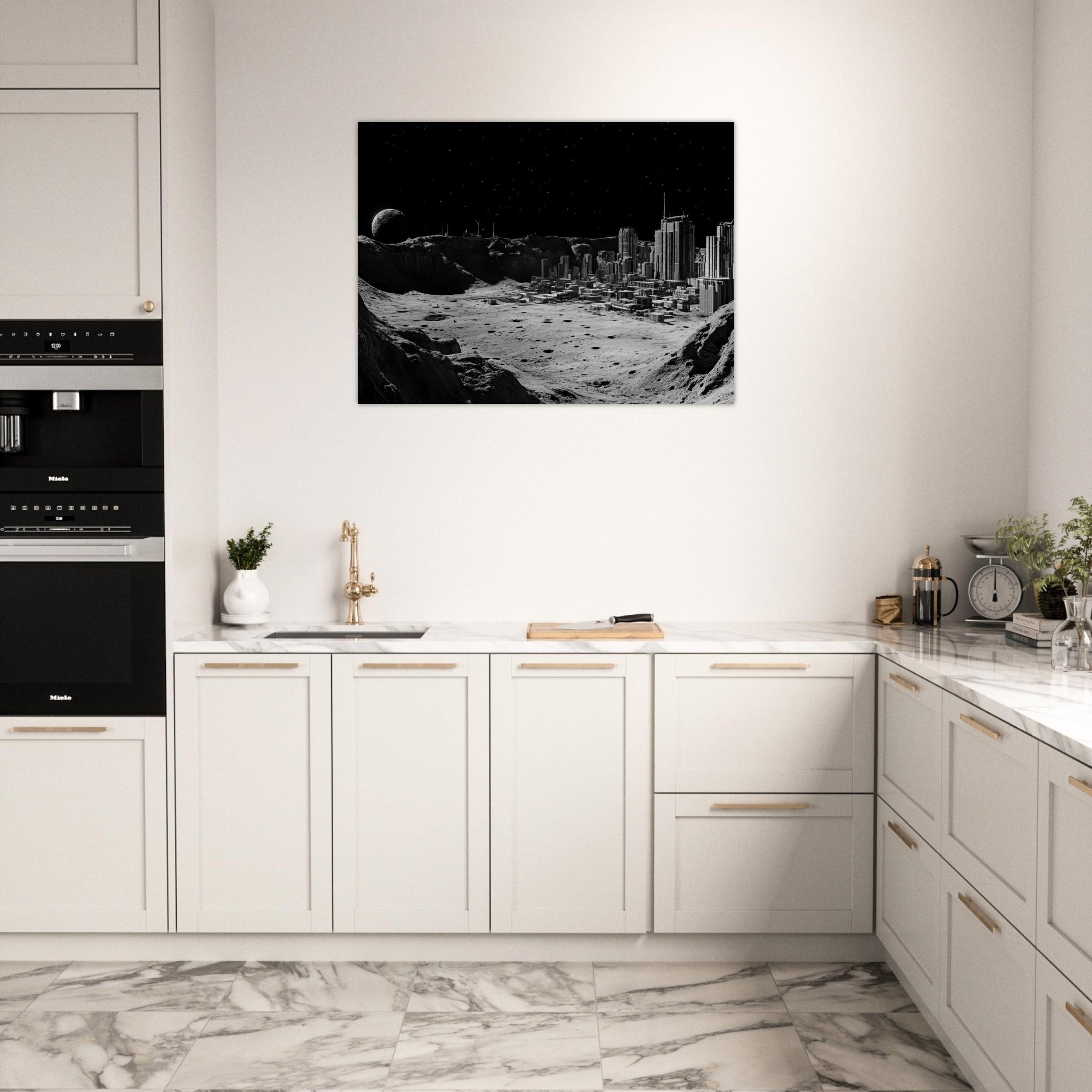 Fine Art Poster Landscape - Crater City on a Dead Moon A sprawling city built - Shop Ai Art WebShop - Digital Art online Store
