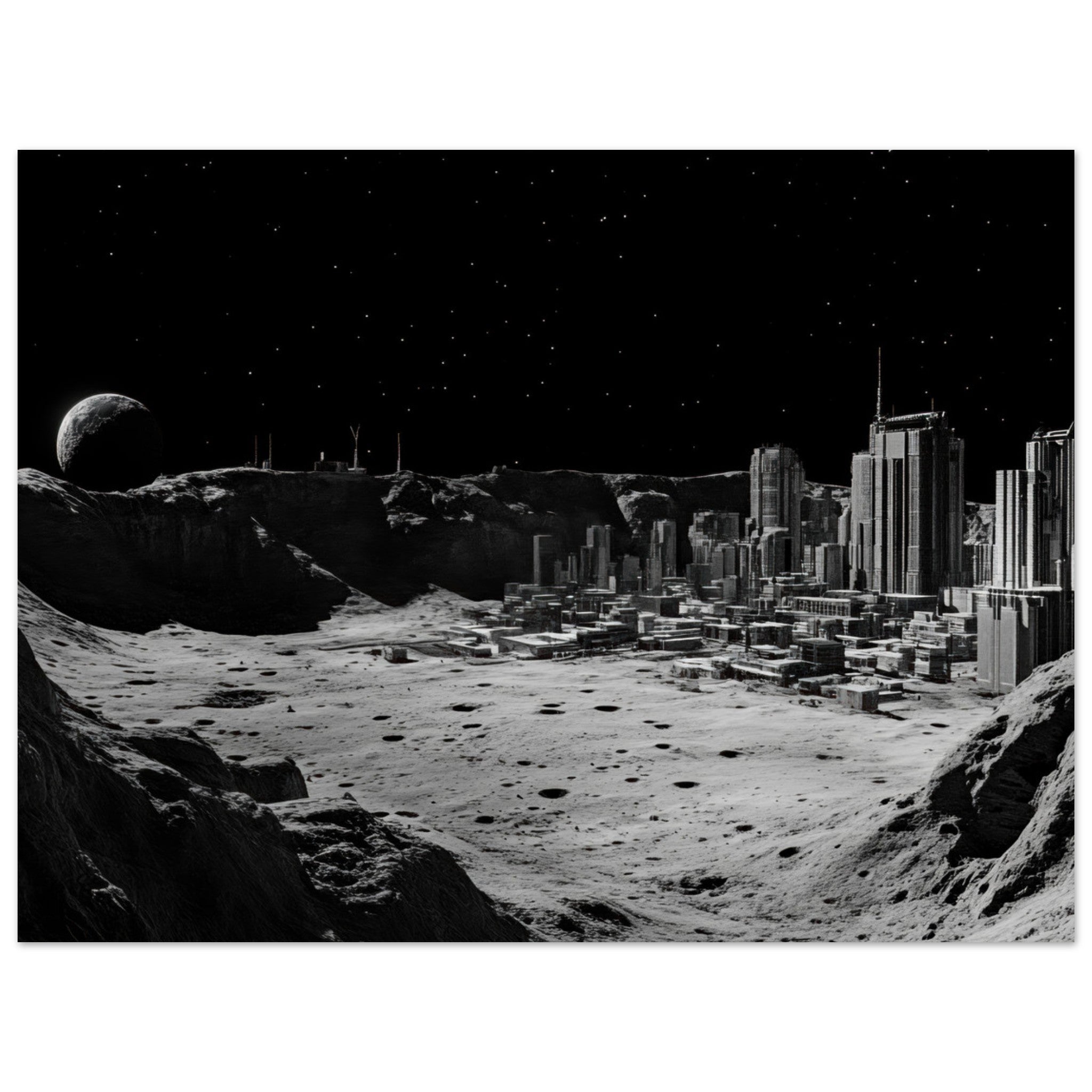Fine Art Poster Landscape - Crater City on a Dead Moon A sprawling city built - Shop Ai Art WebShop - Digital Art online Store