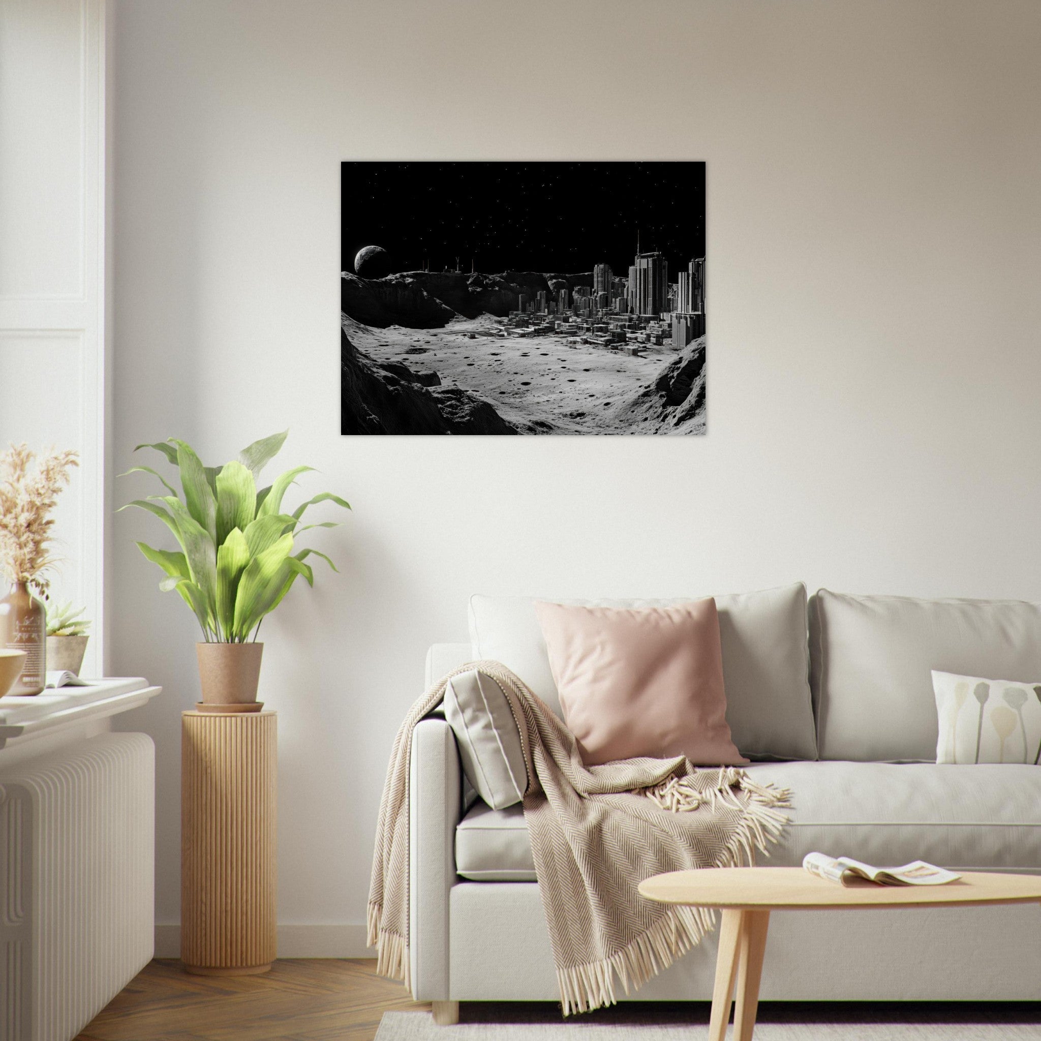 Fine Art Poster Landscape - Crater City on a Dead Moon A sprawling city built - Shop Ai Art WebShop - Digital Art online Store