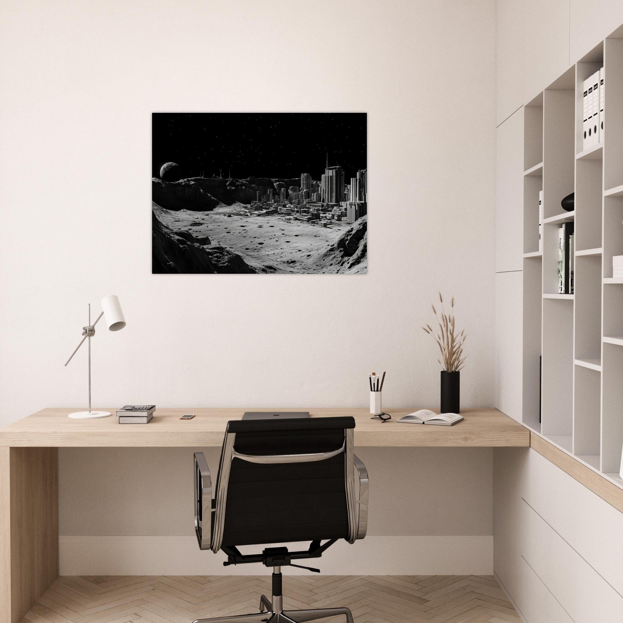 Fine Art Poster Landscape - Crater City on a Dead Moon A sprawling city built - Shop Ai Art WebShop - Digital Art online Store