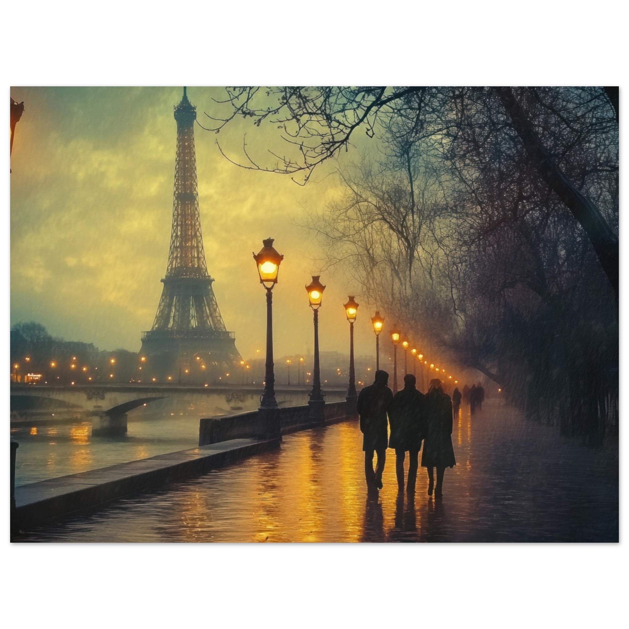 Fine Art Poster Landscape - Evening Stroll Along the Seine A romantic river - Shop Ai Art WebShop - Digital Art online Store