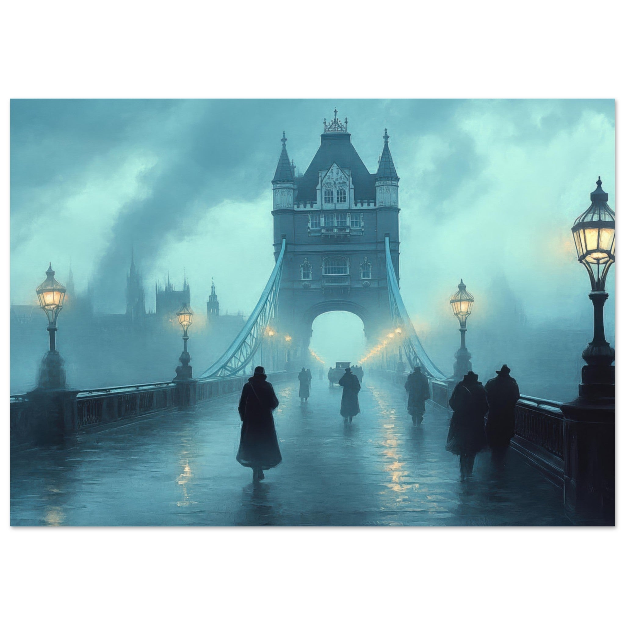 Fine Art Poster Landscape - Foggy London Bridge at Dawn A misty morning vie 2 - Shop Ai Art WebShop - Digital Art online Store