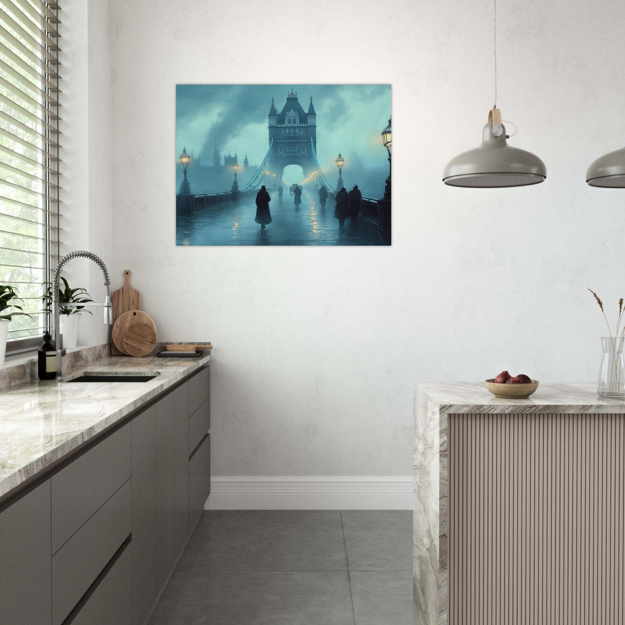 Fine Art Poster Landscape - Foggy London Bridge at Dawn A misty morning vie 2 - Shop Ai Art WebShop - Digital Art online Store