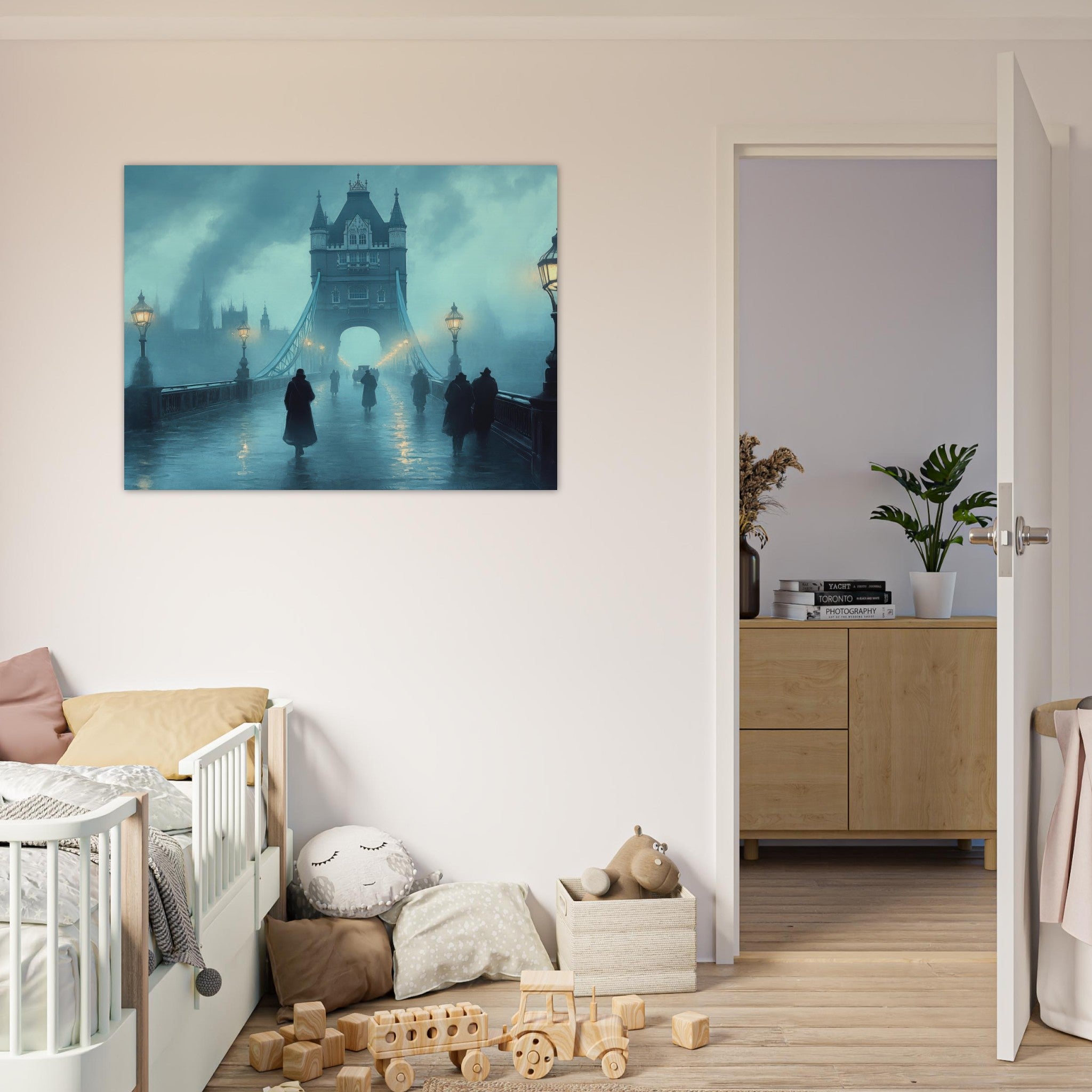 Fine Art Poster Landscape - Foggy London Bridge at Dawn A misty morning vie 2 - Shop Ai Art WebShop - Digital Art online Store