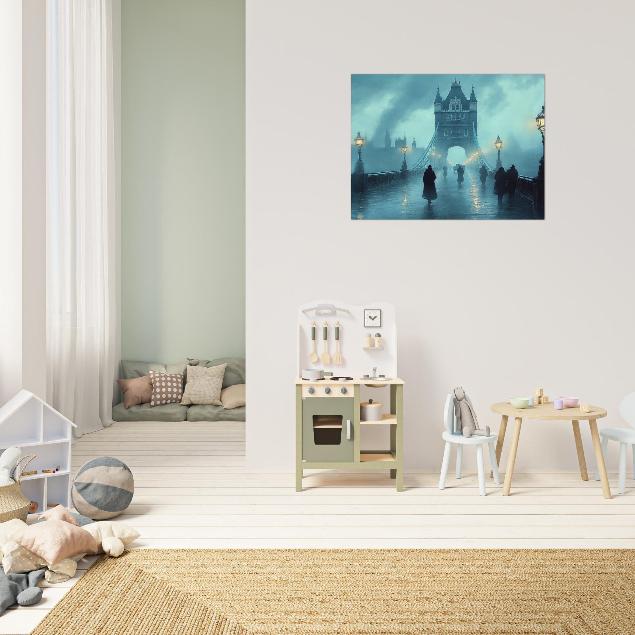 Fine Art Poster Landscape - Foggy London Bridge at Dawn A misty morning vie 2 - Shop Ai Art WebShop - Digital Art online Store