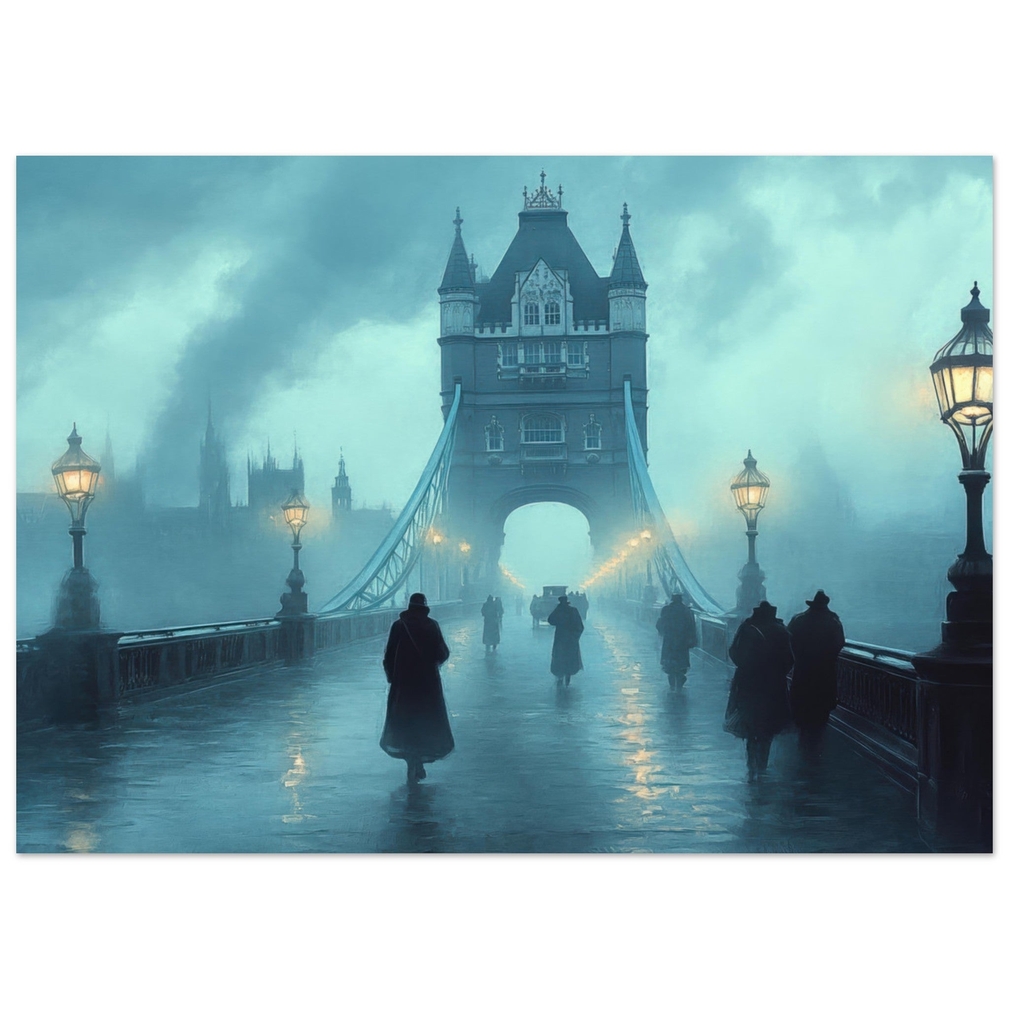 Fine Art Poster Landscape - Foggy London Bridge at Dawn A misty morning vie 2 - Shop Ai Art WebShop - Digital Art online Store