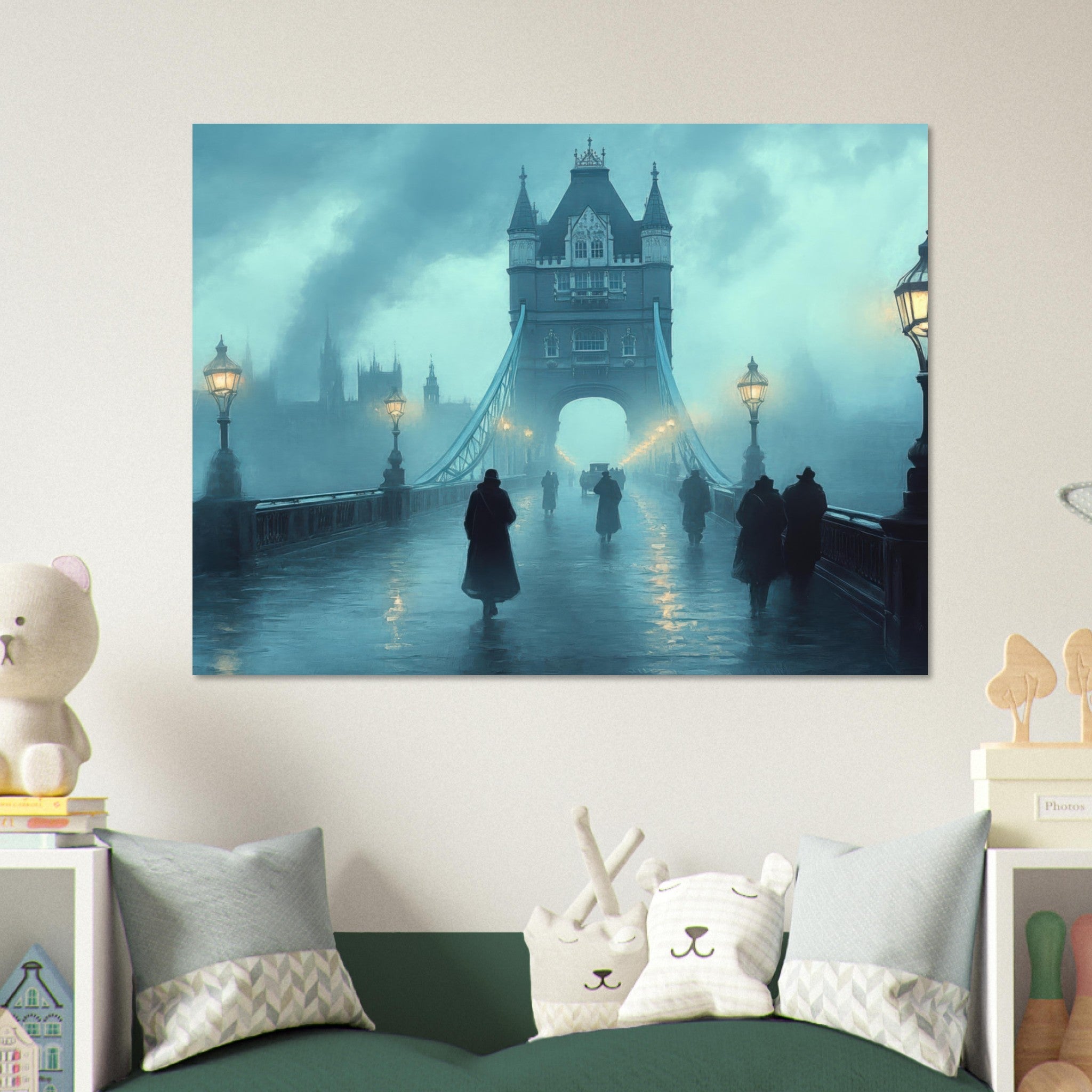 Fine Art Poster Landscape - Foggy London Bridge at Dawn A misty morning vie 2 - Shop Ai Art WebShop - Digital Art online Store