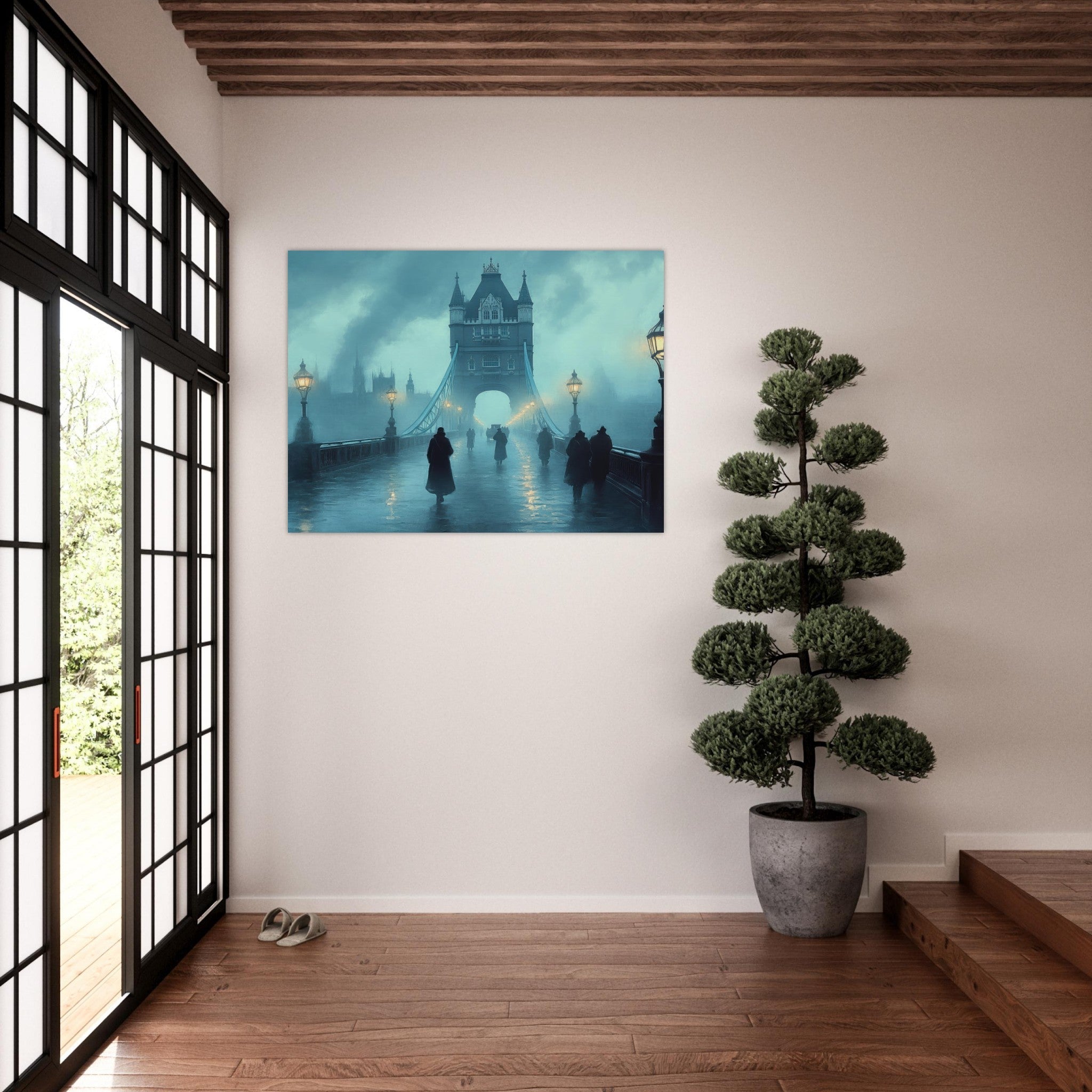 Fine Art Poster Landscape - Foggy London Bridge at Dawn A misty morning vie 2 - Shop Ai Art WebShop - Digital Art online Store