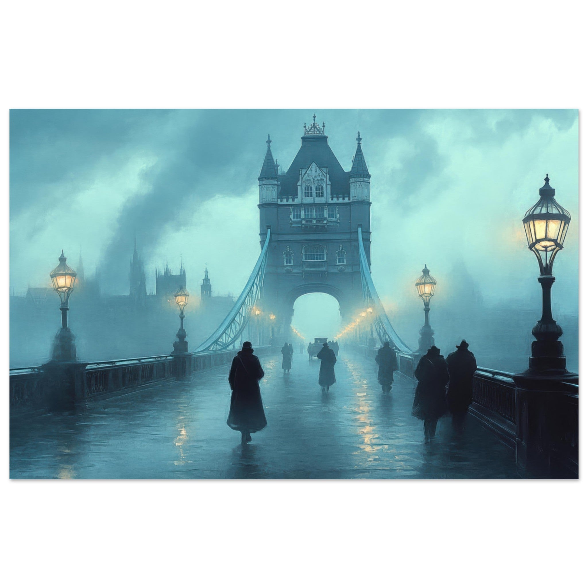 Fine Art Poster Landscape - Foggy London Bridge at Dawn A misty morning vie 2 - Shop Ai Art WebShop - Digital Art online Store