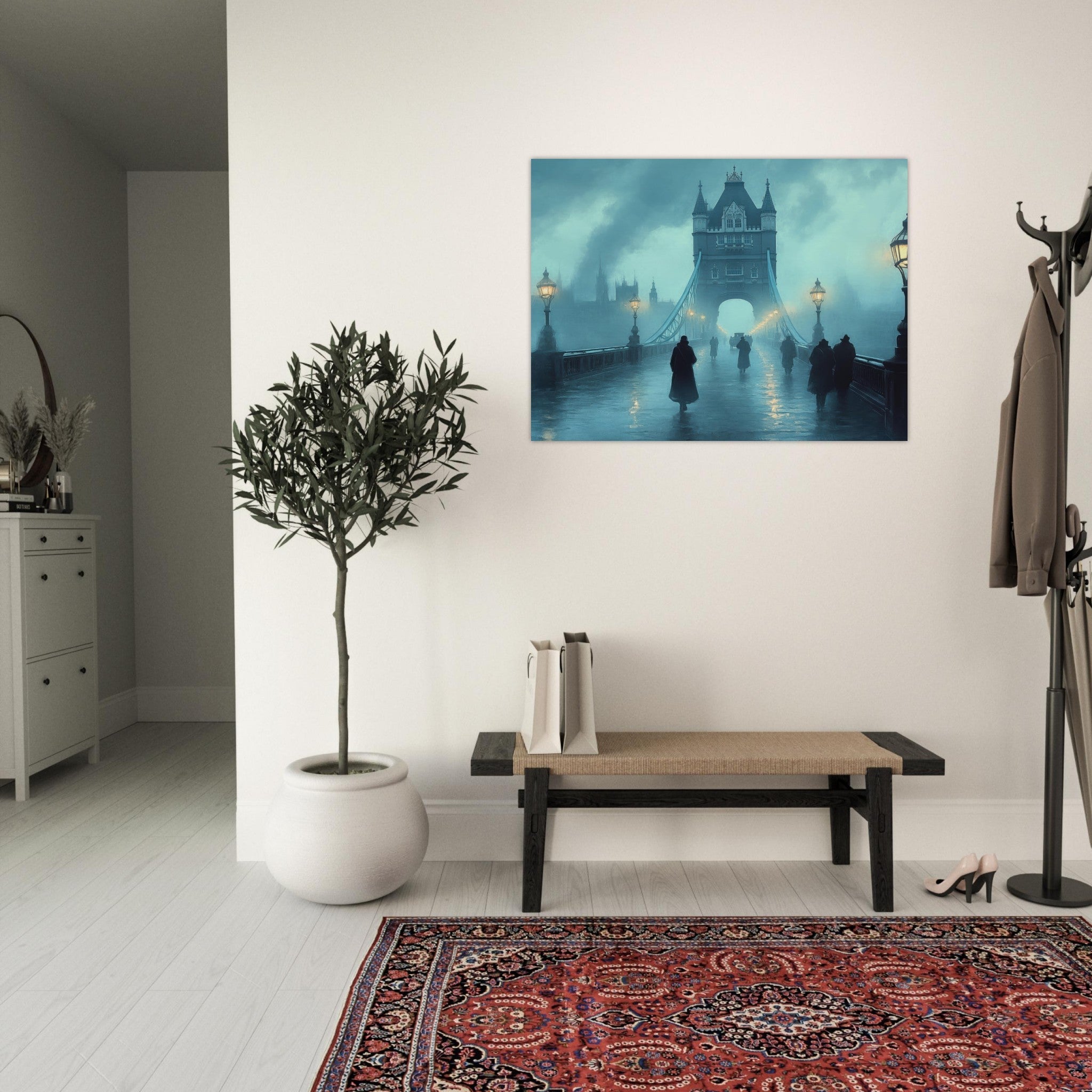 Fine Art Poster Landscape - Foggy London Bridge at Dawn A misty morning vie 2 - Shop Ai Art WebShop - Digital Art online Store