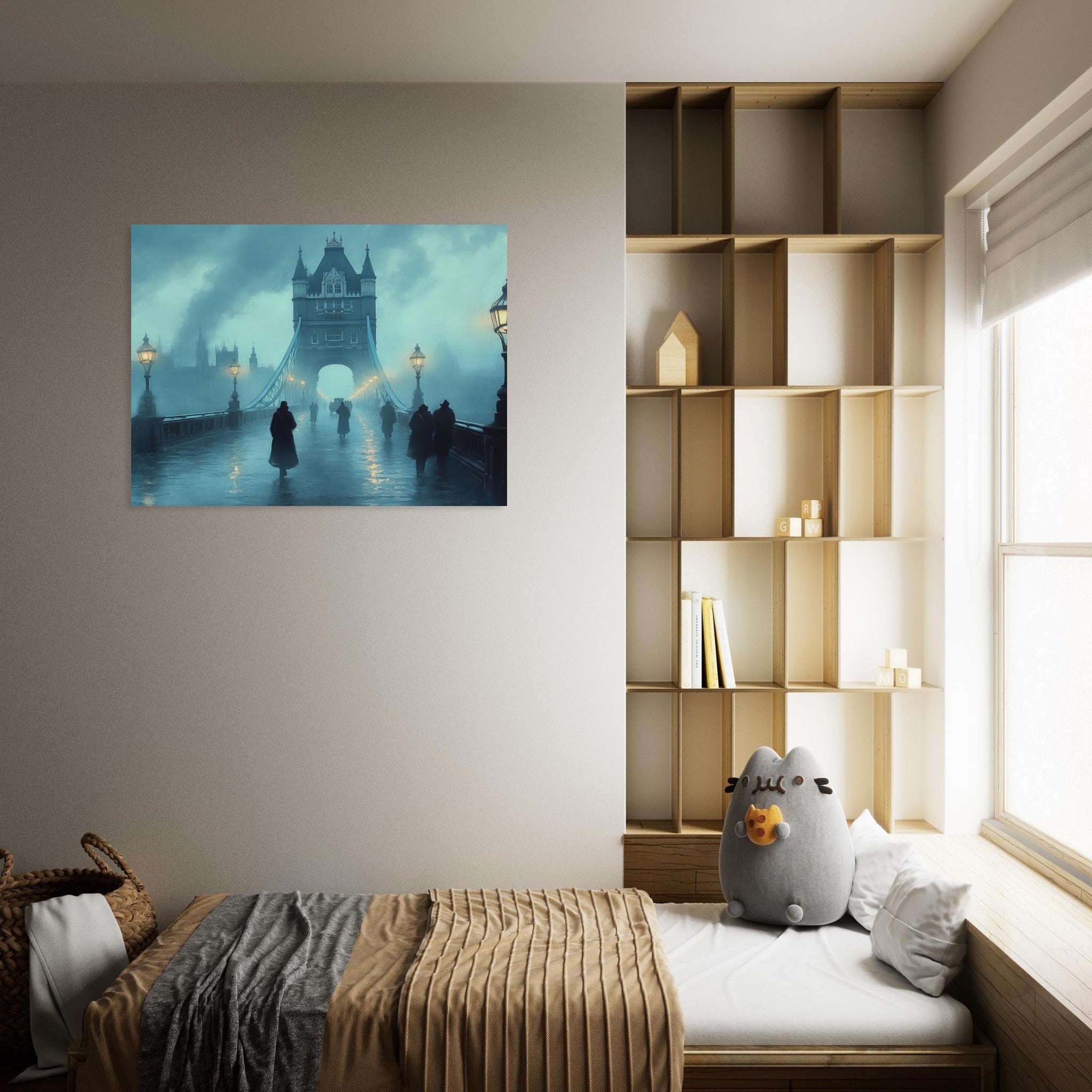 Fine Art Poster Landscape - Foggy London Bridge at Dawn A misty morning vie 2 - Shop Ai Art WebShop - Digital Art online Store