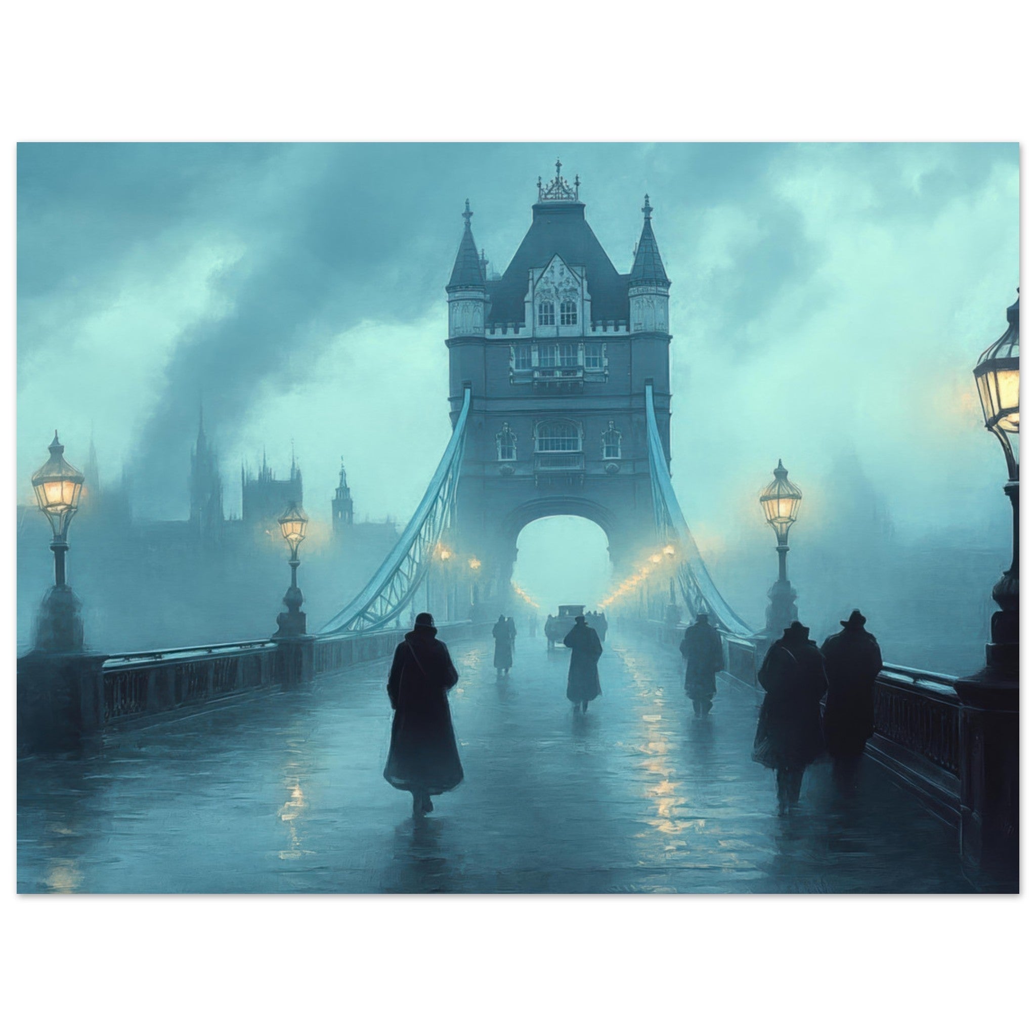 Fine Art Poster Landscape - Foggy London Bridge at Dawn A misty morning vie 2 - Shop Ai Art WebShop - Digital Art online Store