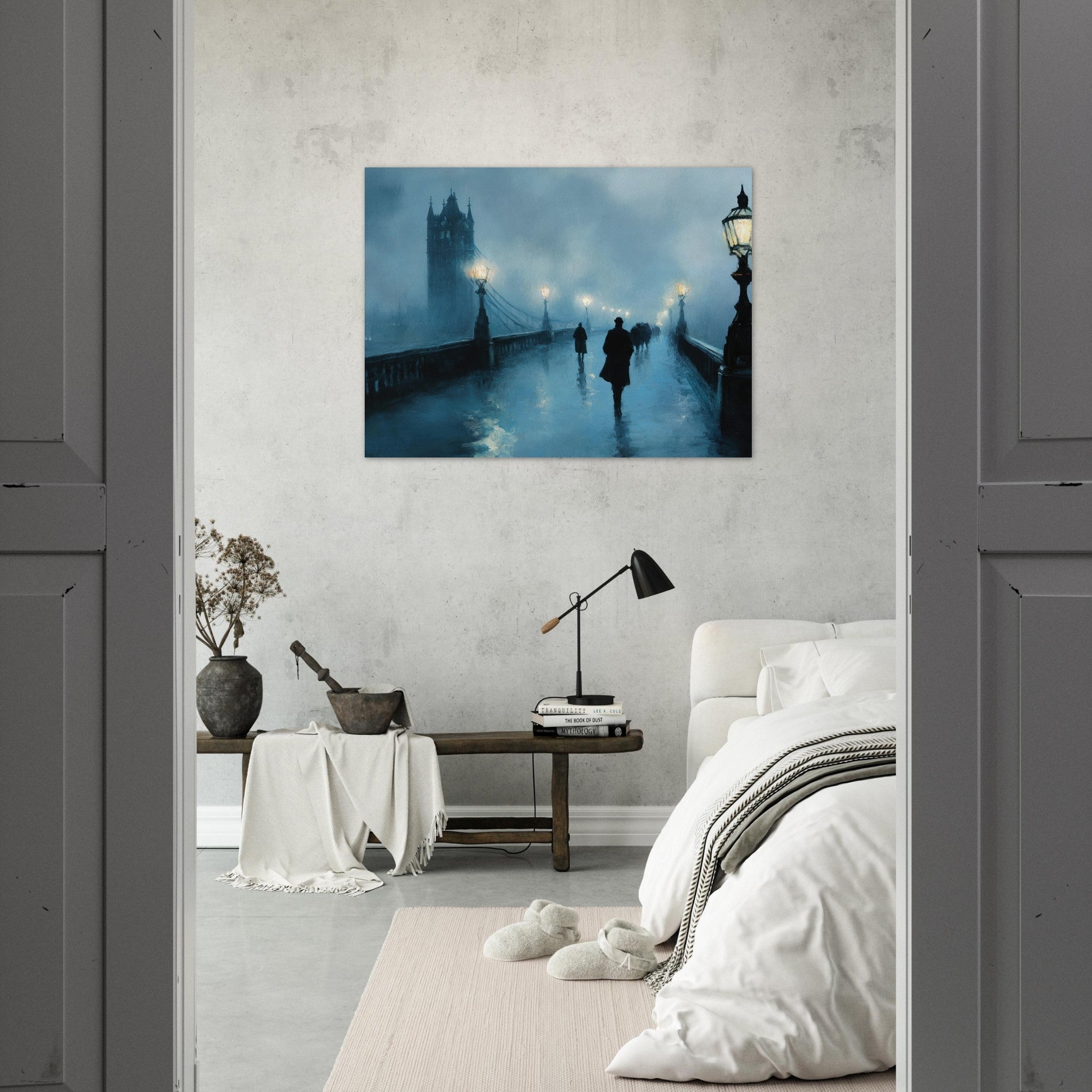 Fine Art Poster Landscape - Foggy London Bridge at Dawn A misty morning vie - Shop Ai Art WebShop - Digital Art online Store