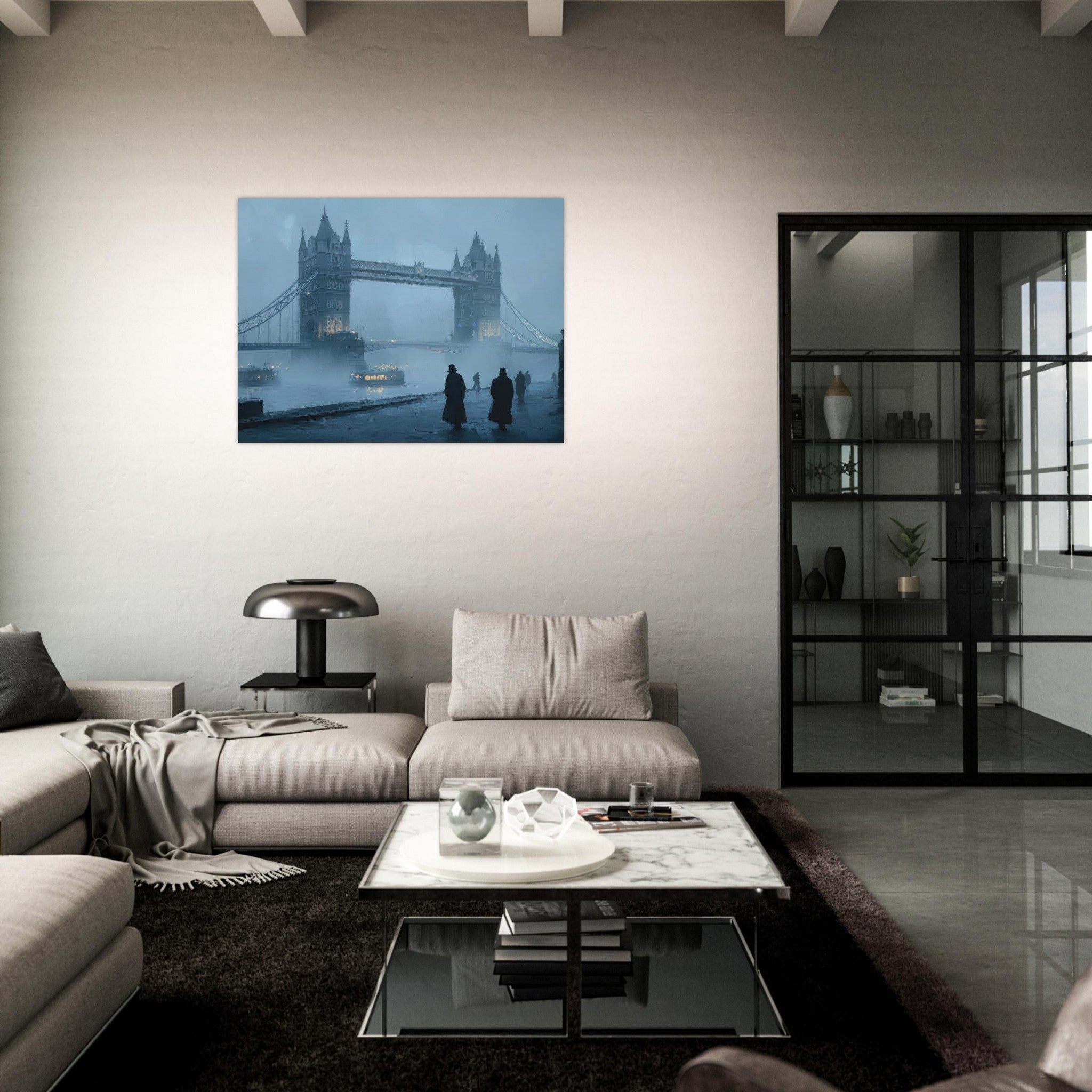 Fine Art Poster Landscape - Foggy London Bridge at Dawn A misty morning vie 3 - Shop Ai Art WebShop - Digital Art online Store