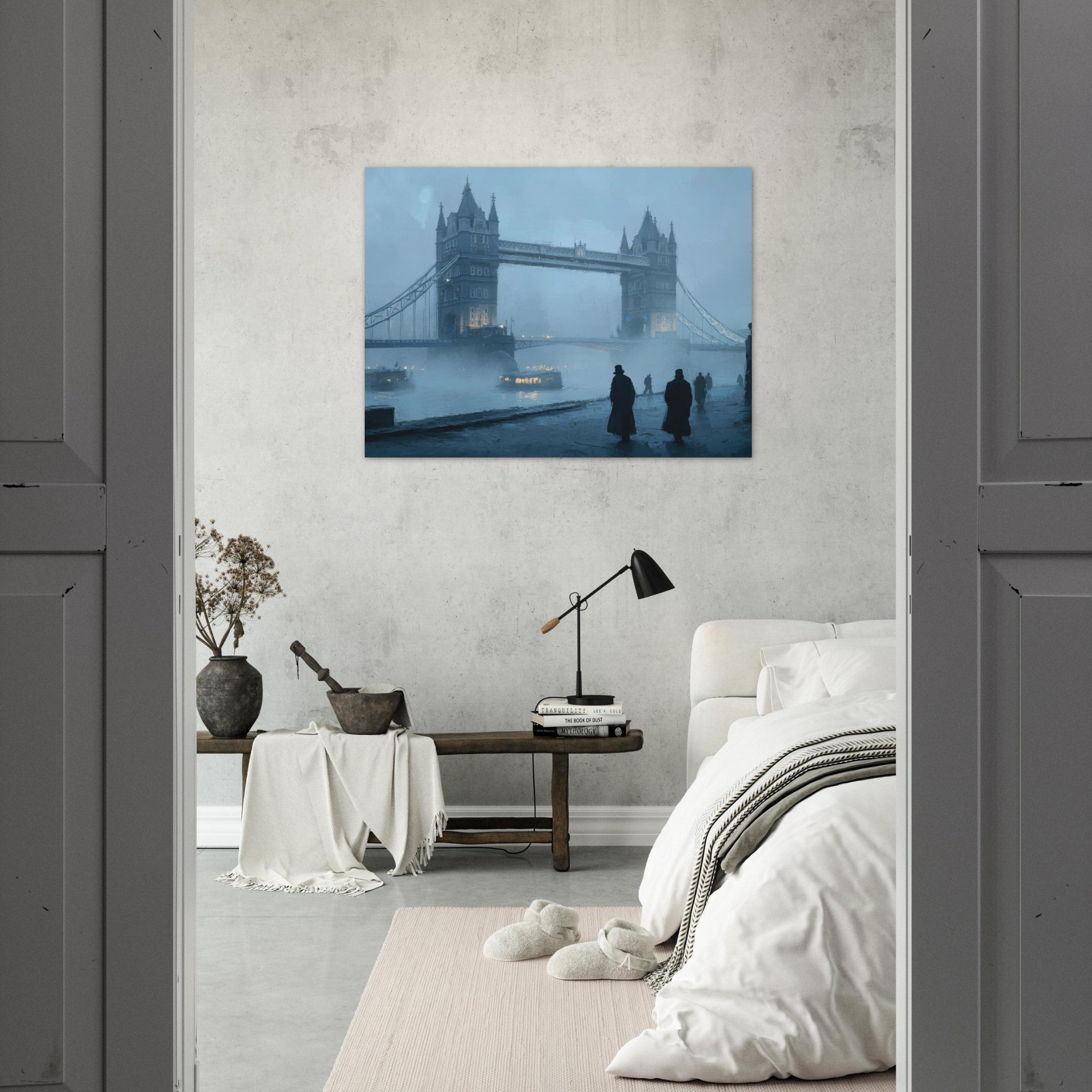 Fine Art Poster Landscape - Foggy London Bridge at Dawn A misty morning vie 3 - Shop Ai Art WebShop - Digital Art online Store