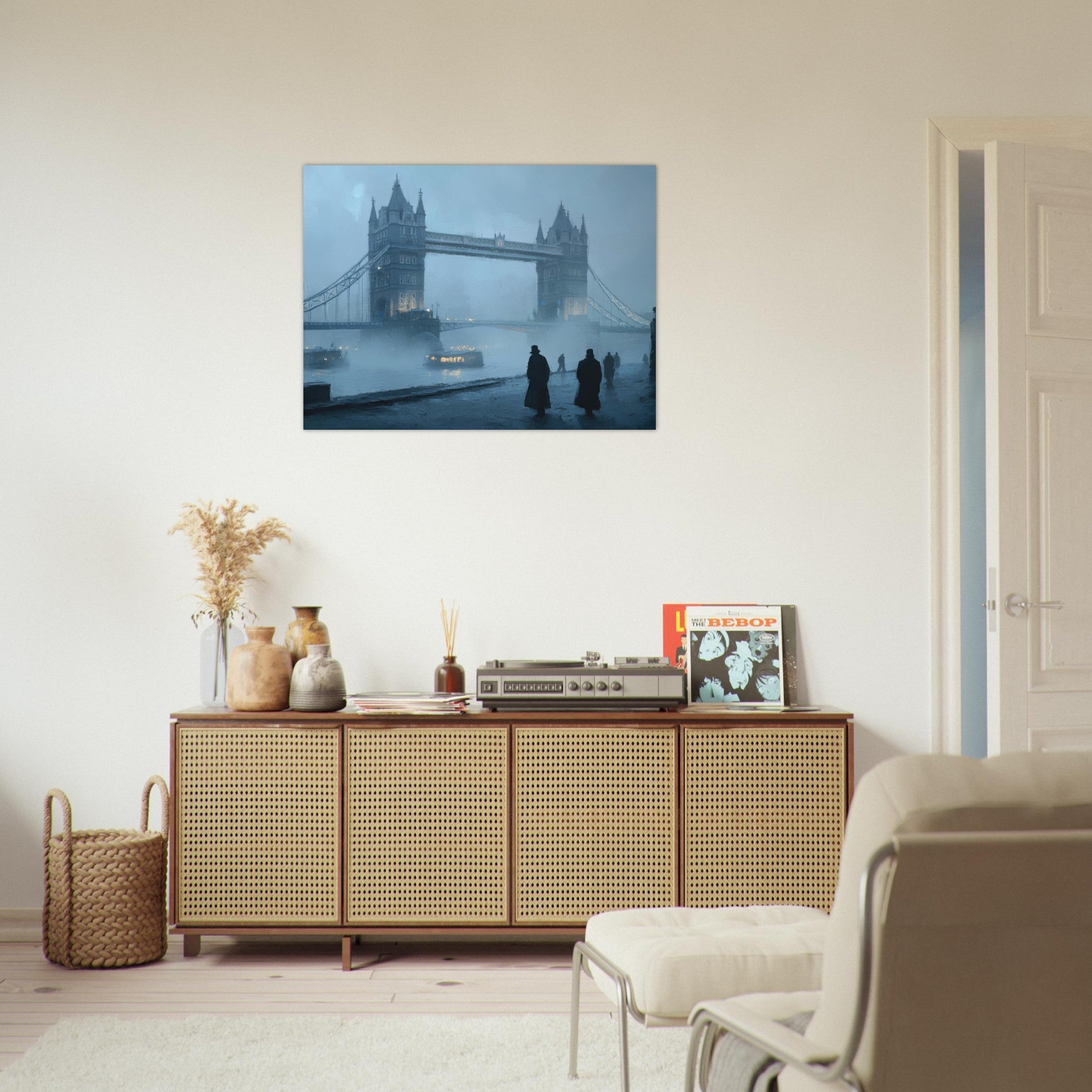 Fine Art Poster Landscape - Foggy London Bridge at Dawn A misty morning vie 3 - Shop Ai Art WebShop - Digital Art online Store
