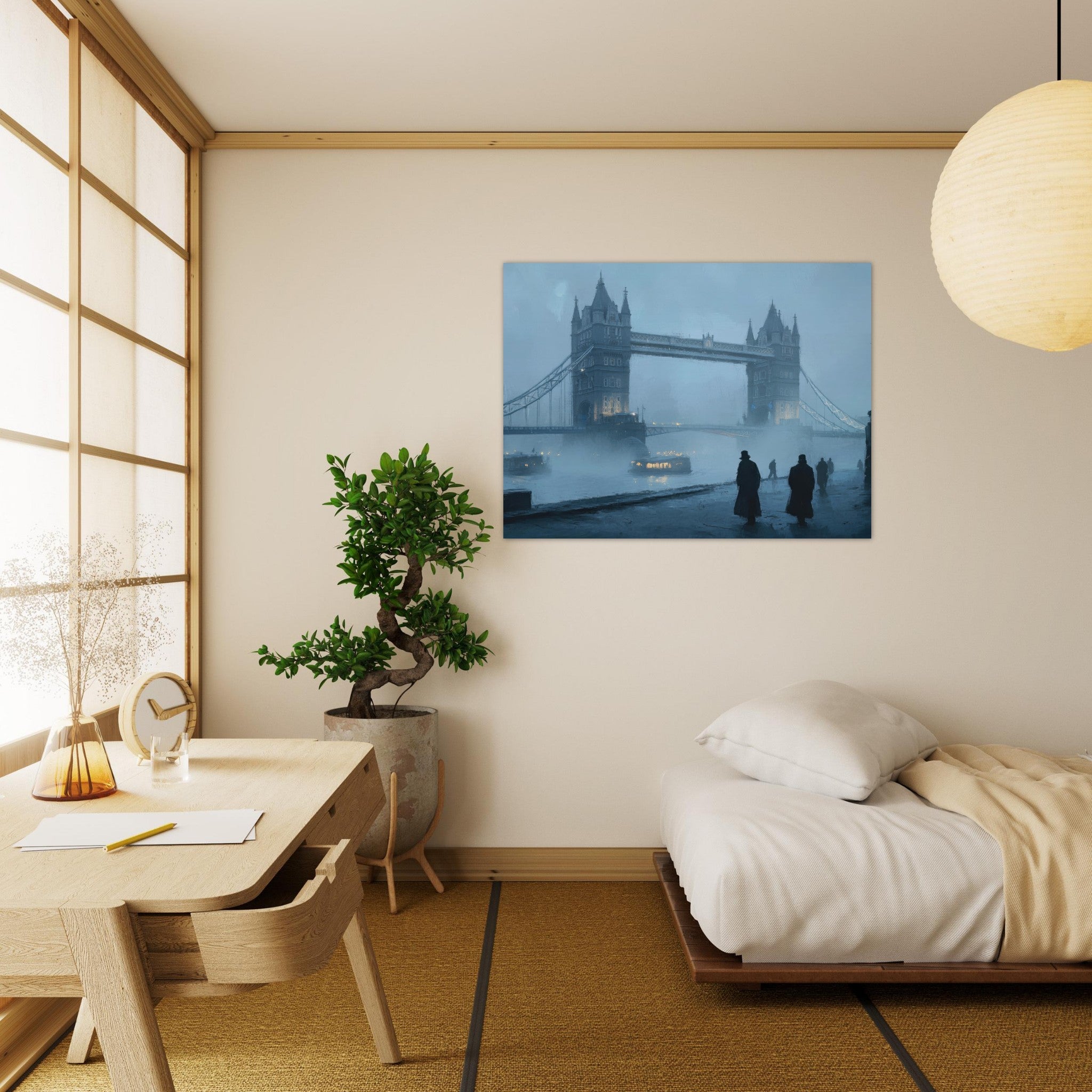 Fine Art Poster Landscape - Foggy London Bridge at Dawn A misty morning vie 3 - Shop Ai Art WebShop - Digital Art online Store