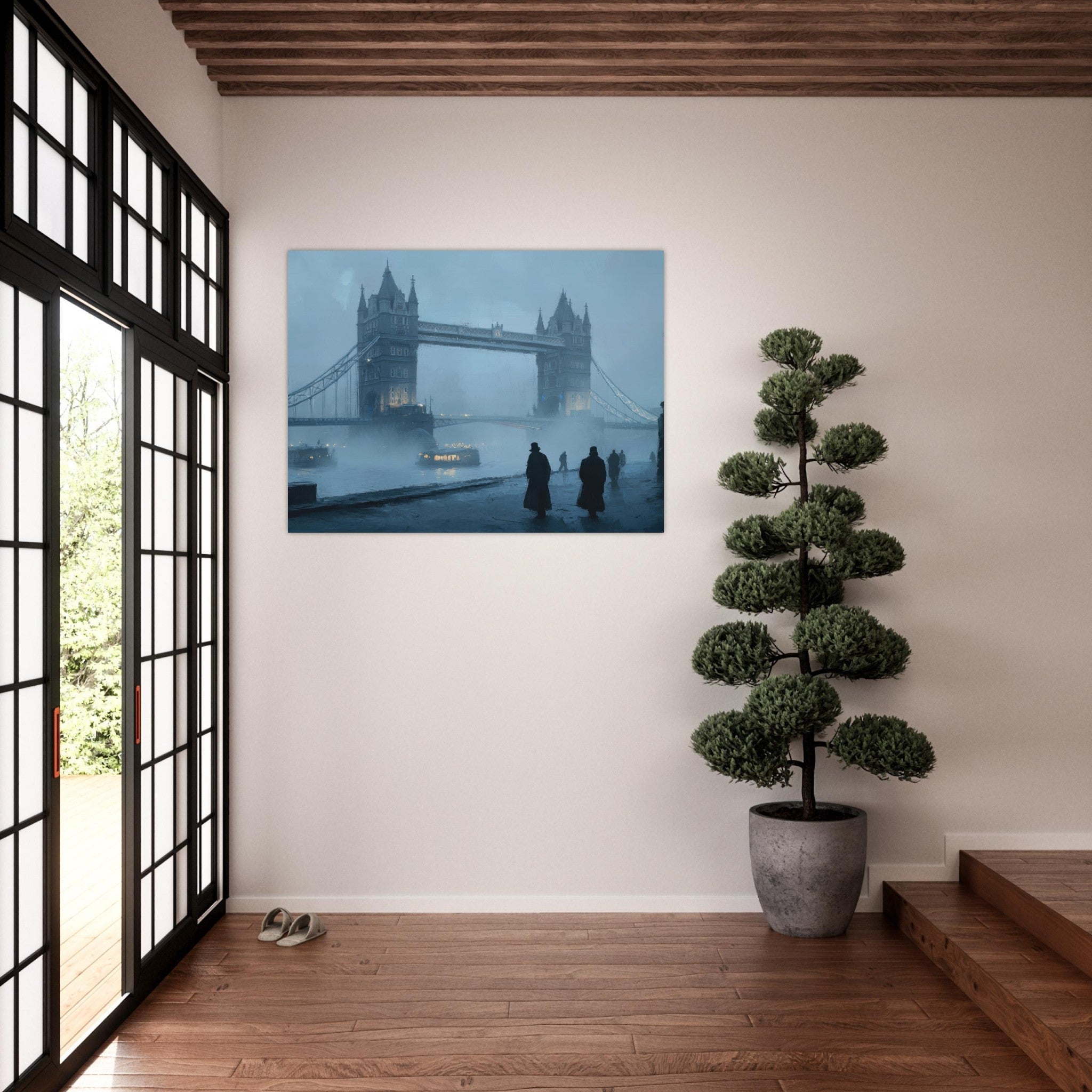 Fine Art Poster Landscape - Foggy London Bridge at Dawn A misty morning vie 3 - Shop Ai Art WebShop - Digital Art online Store
