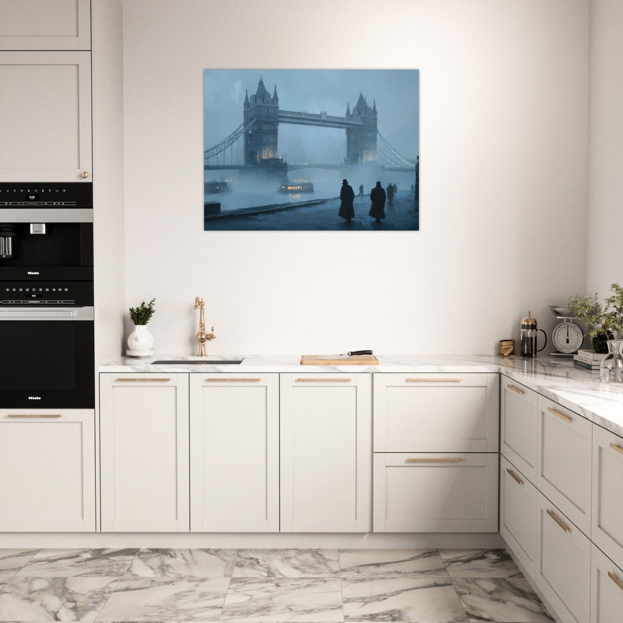 Fine Art Poster Landscape - Foggy London Bridge at Dawn A misty morning vie 3 - Shop Ai Art WebShop - Digital Art online Store