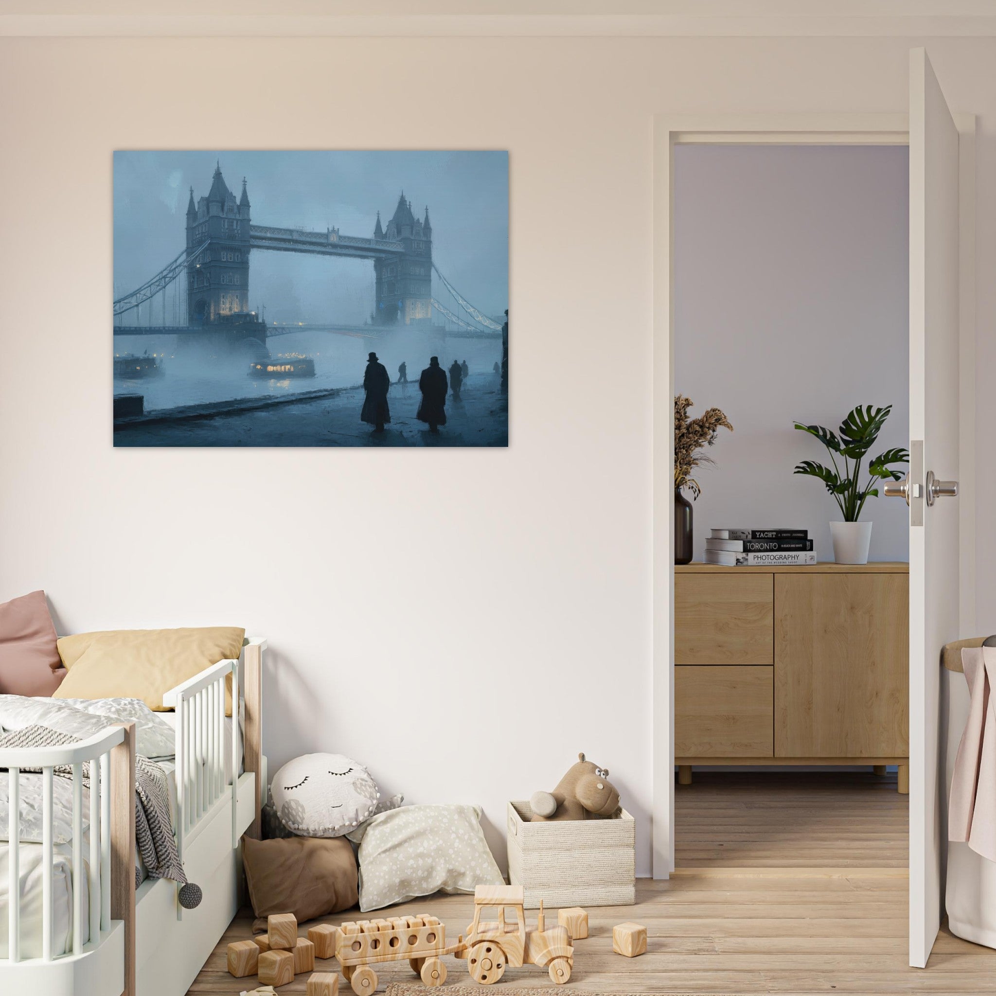 Fine Art Poster Landscape - Foggy London Bridge at Dawn A misty morning vie 3 - Shop Ai Art WebShop - Digital Art online Store