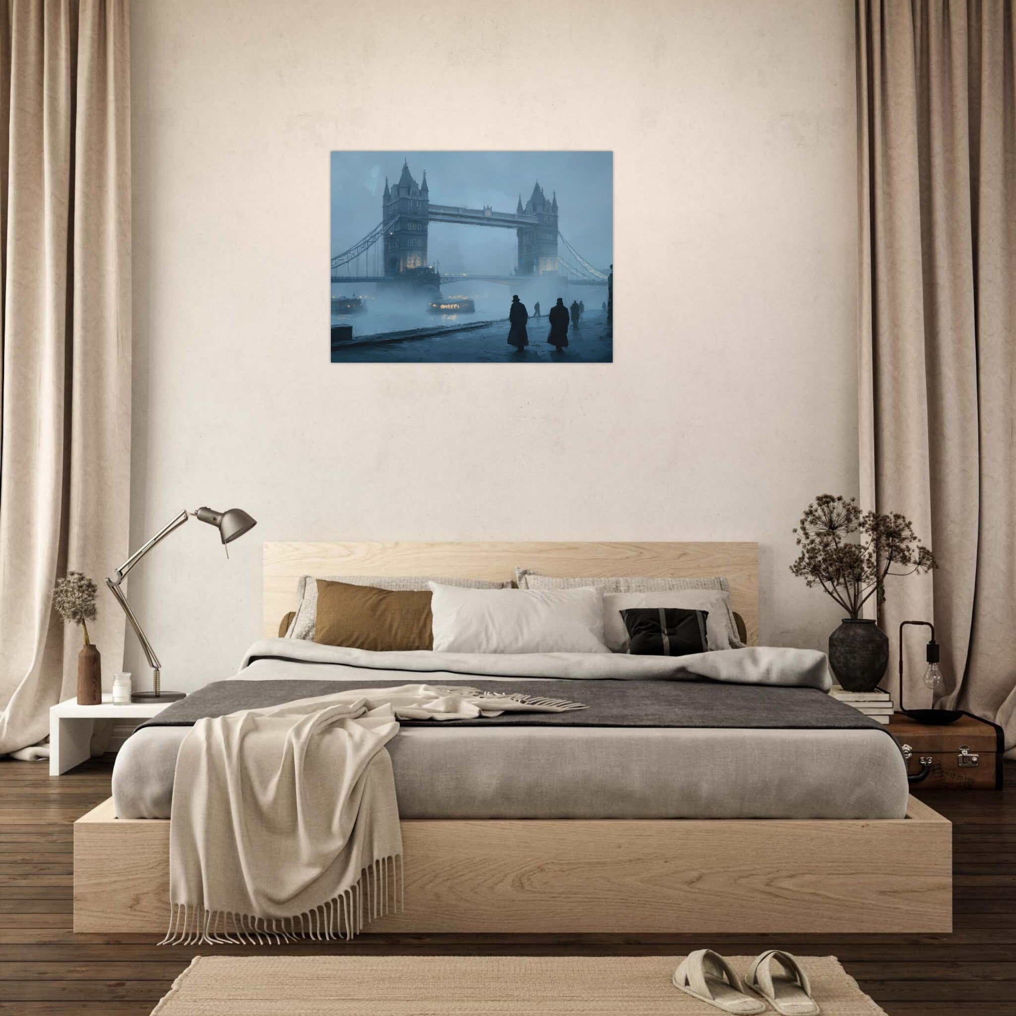 Fine Art Poster Landscape - Foggy London Bridge at Dawn A misty morning vie 3 - Shop Ai Art WebShop - Digital Art online Store