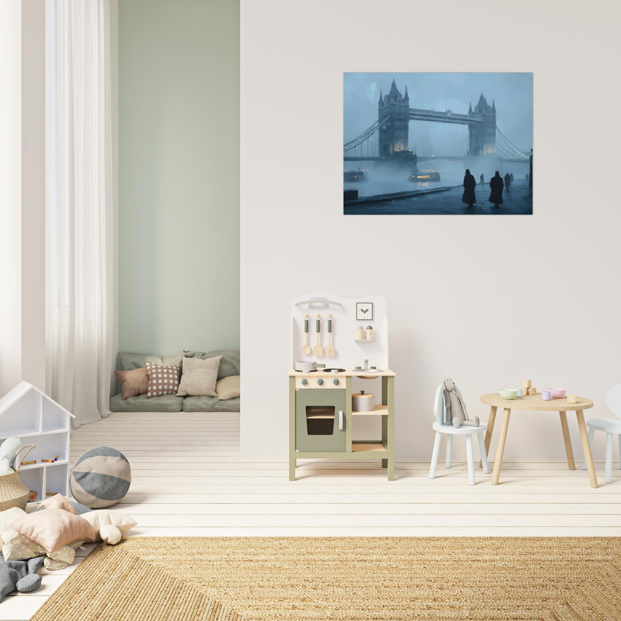 Fine Art Poster Landscape - Foggy London Bridge at Dawn A misty morning vie 3 - Shop Ai Art WebShop - Digital Art online Store