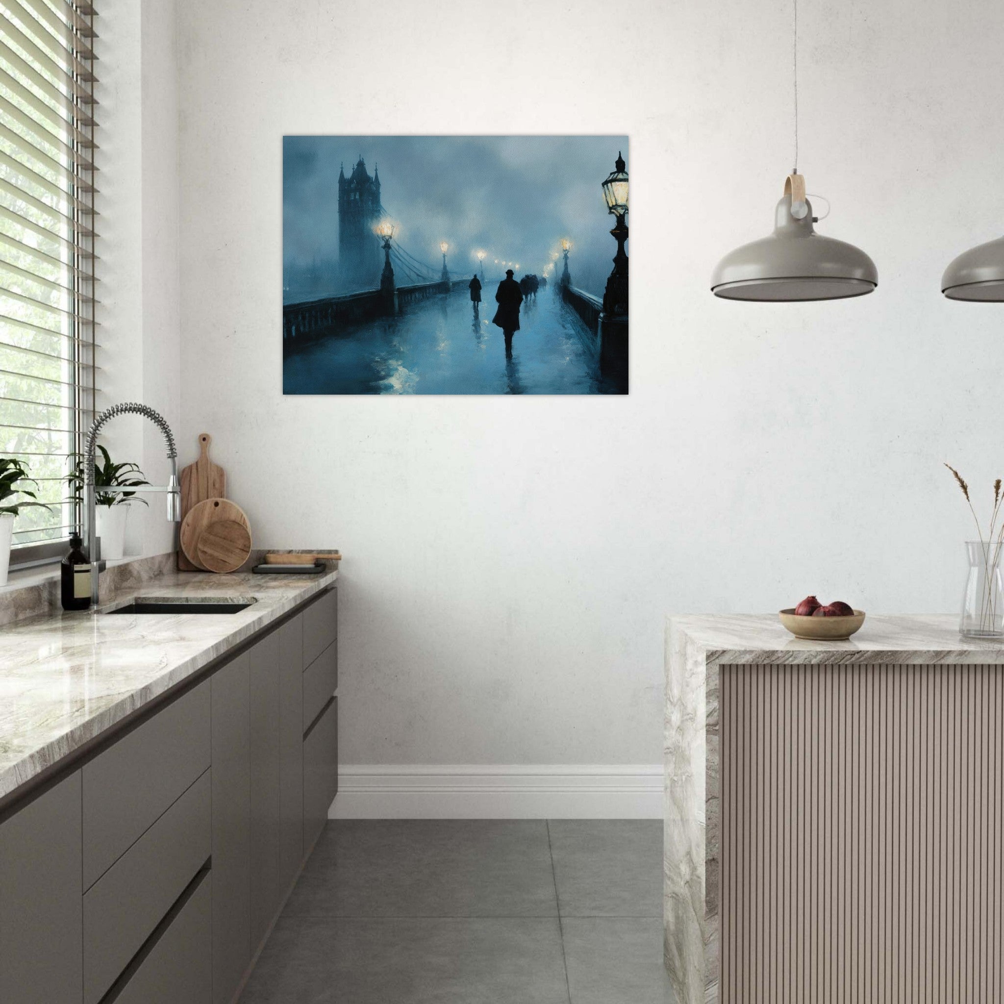 Fine Art Poster Landscape - Foggy London Bridge at Dawn A misty morning vie - Shop Ai Art WebShop - Digital Art online Store