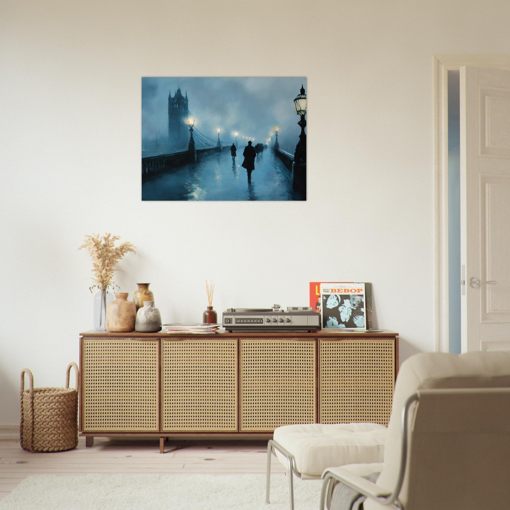 Fine Art Poster Landscape - Foggy London Bridge at Dawn A misty morning vie - Shop Ai Art WebShop - Digital Art online Store