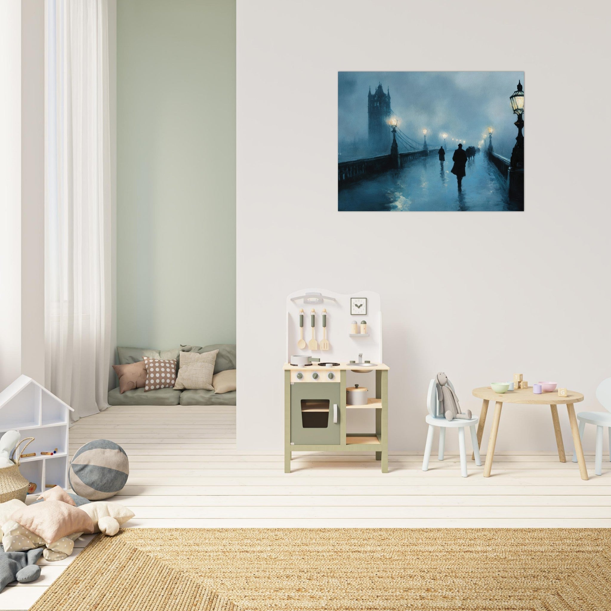 Fine Art Poster Landscape - Foggy London Bridge at Dawn A misty morning vie - Shop Ai Art WebShop - Digital Art online Store
