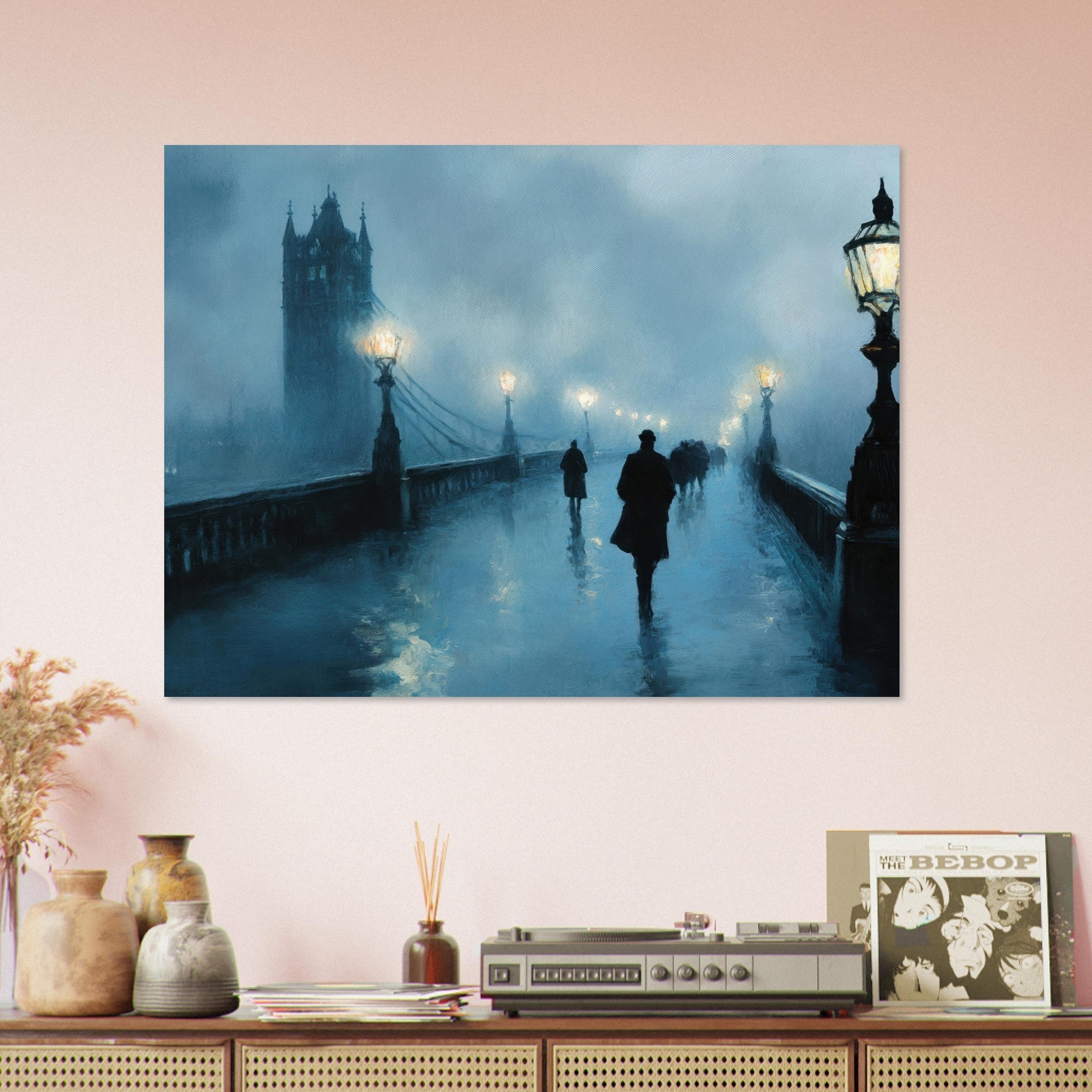 Fine Art Poster Landscape - Foggy London Bridge at Dawn A misty morning vie - Shop Ai Art WebShop - Digital Art online Store