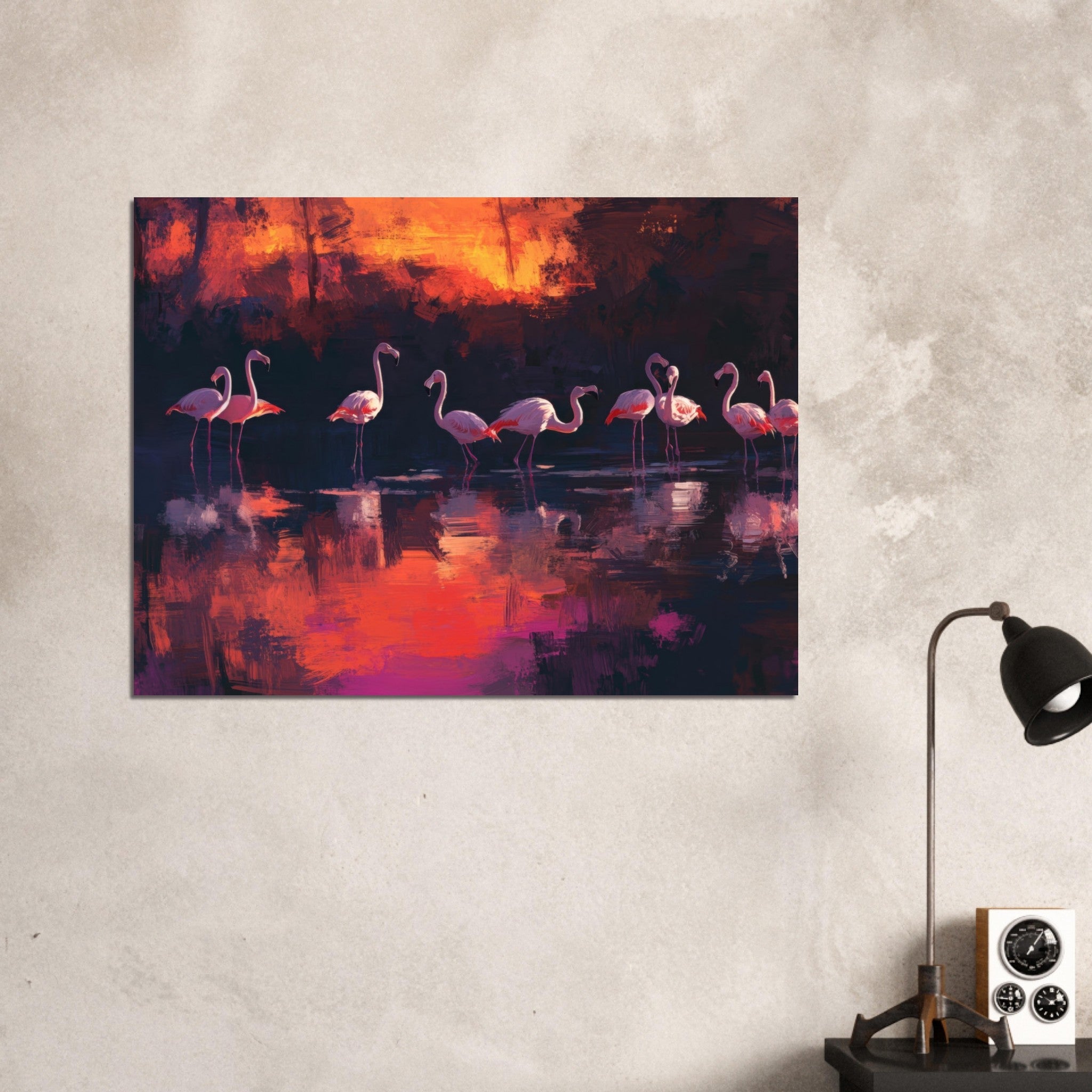 Fine Art Poster Landscape - Surreal Flamingo Lake at Sunset Graceful flaming - Ai Art Webshop - Ai Art shop - Buy Digital Art