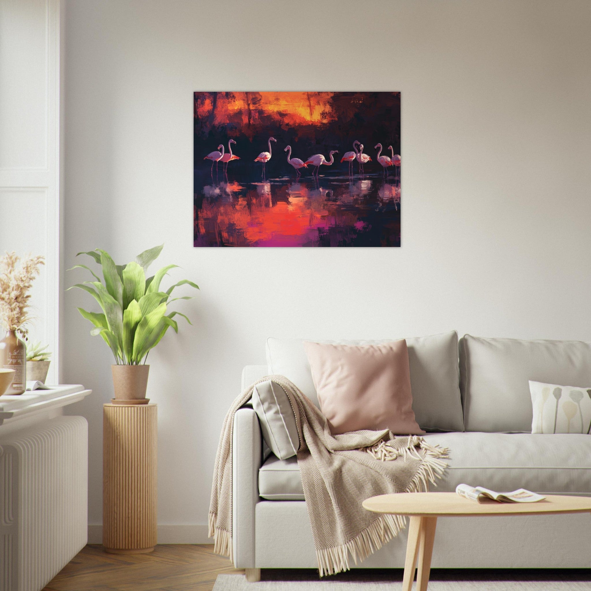 Fine Art Poster Landscape - Surreal Flamingo Lake at Sunset Graceful flaming - Ai Art Webshop - Ai Art shop - Buy Digital Art