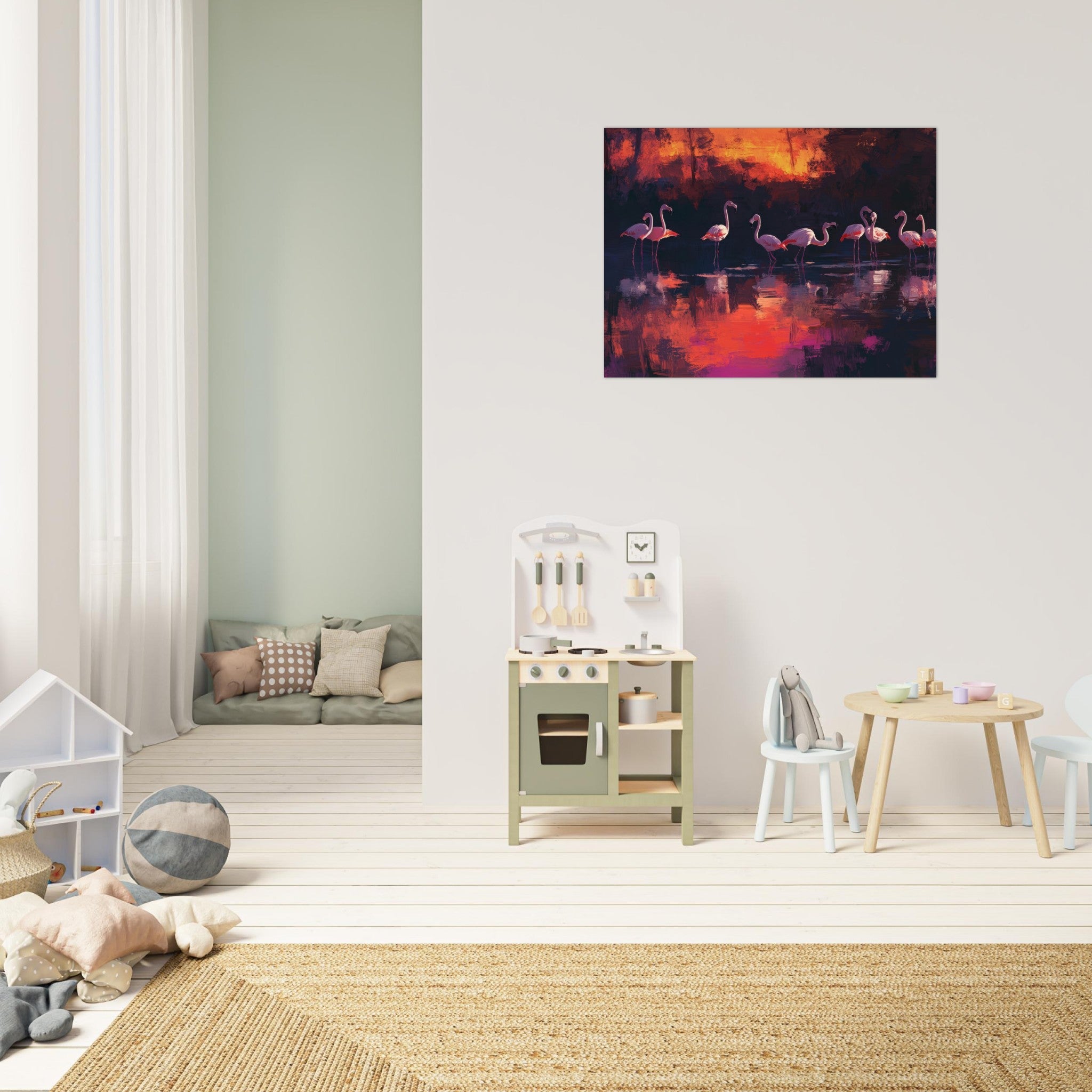 Fine Art Poster Landscape - Surreal Flamingo Lake at Sunset Graceful flaming - Ai Art Webshop - Ai Art shop - Buy Digital Art