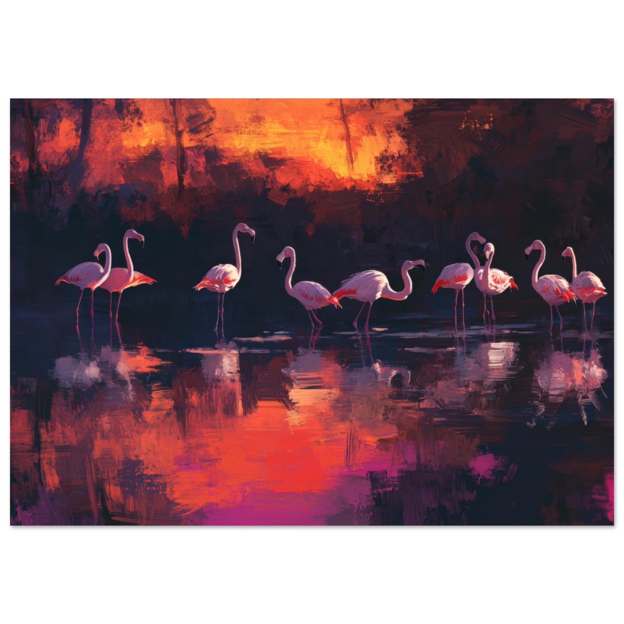 Fine Art Poster Landscape - Surreal Flamingo Lake at Sunset Graceful flaming - Ai Art Webshop - Ai Art shop - Buy Digital Art