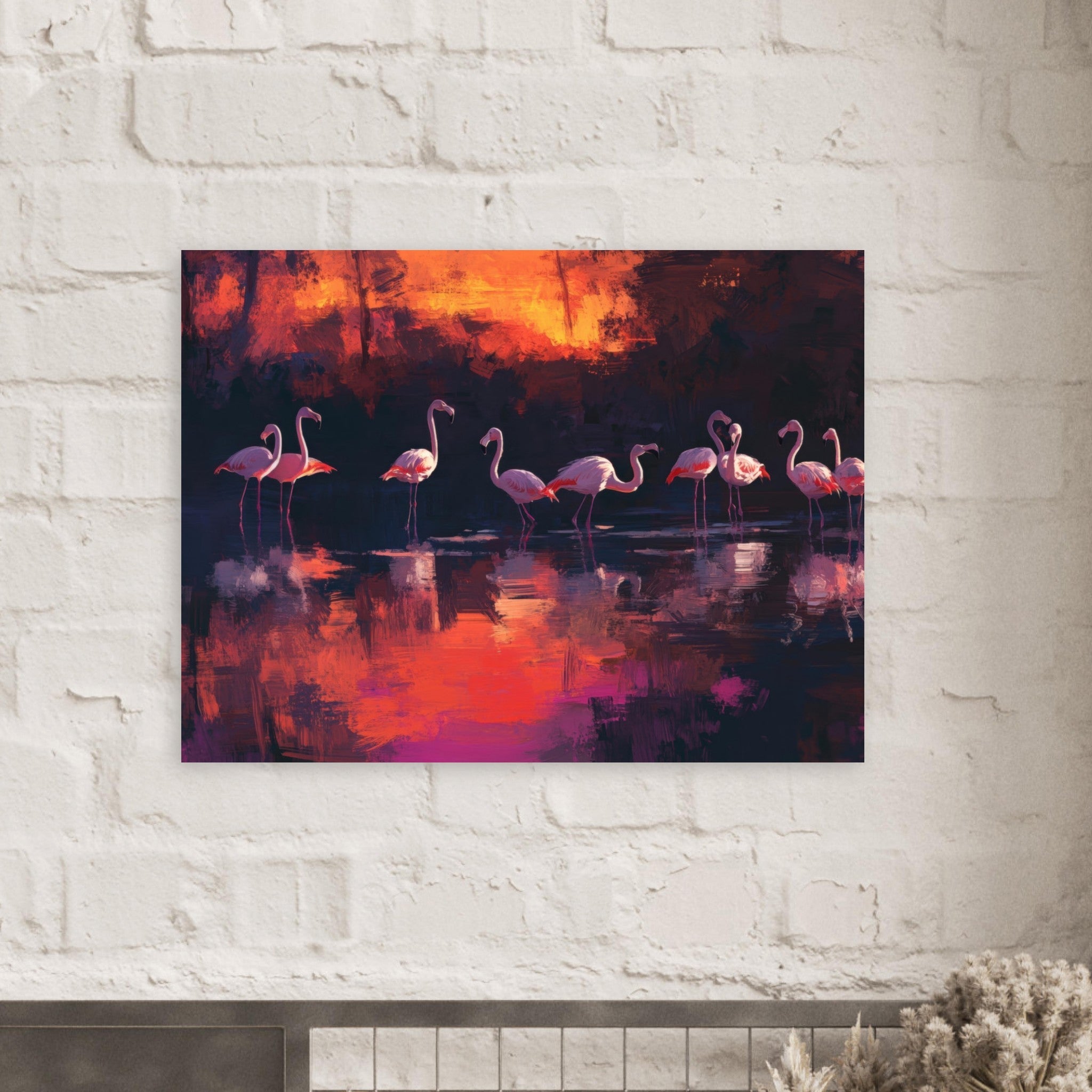 Fine Art Poster Landscape - Surreal Flamingo Lake at Sunset Graceful flaming - Ai Art Webshop - Ai Art shop - Buy Digital Art