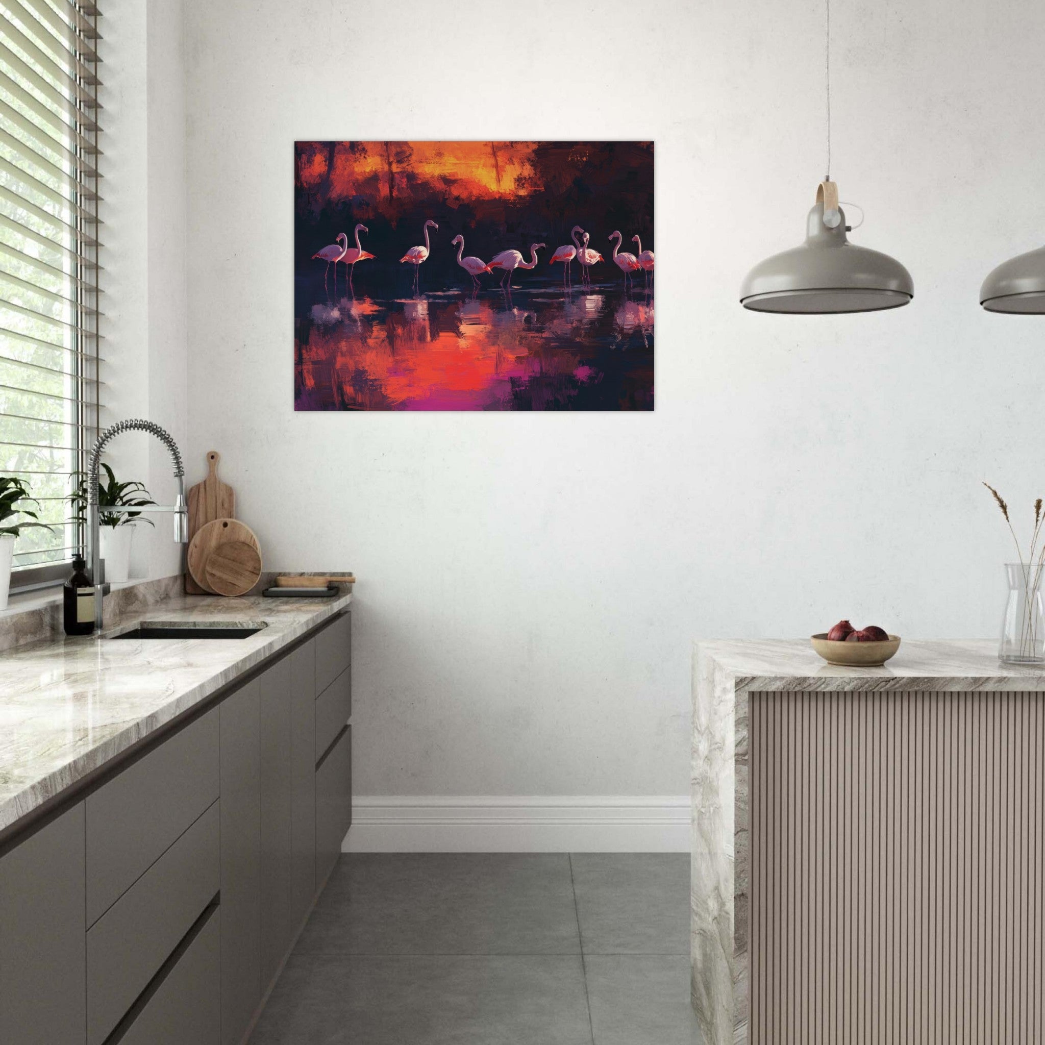 Fine Art Poster Landscape - Surreal Flamingo Lake at Sunset Graceful flaming - Ai Art Webshop - Ai Art shop - Buy Digital Art