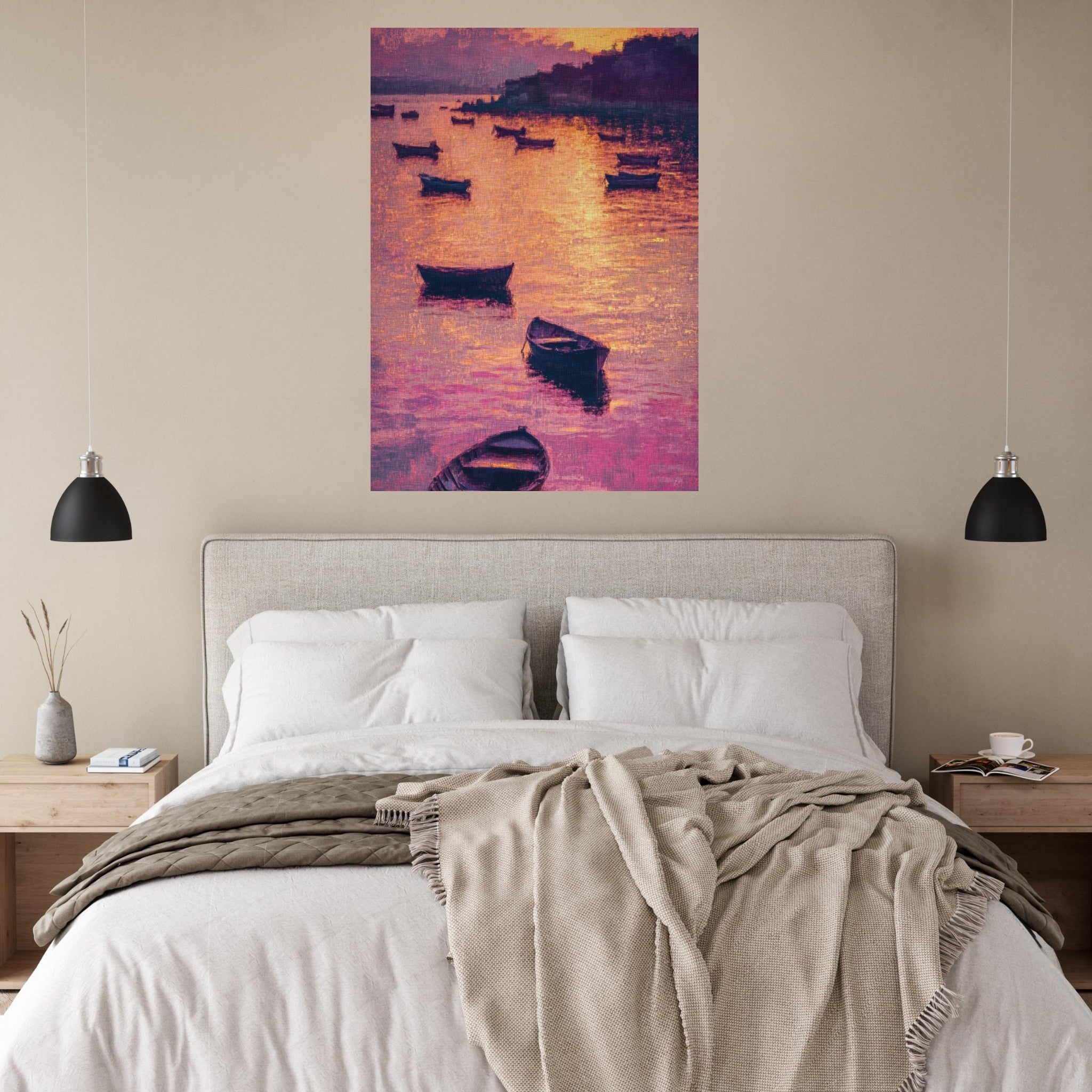 Fine Art Poster Portrait - Boats at Dusk A harbor filled with gently rocky - Shop Ai Art WebShop - Digital Art online Store