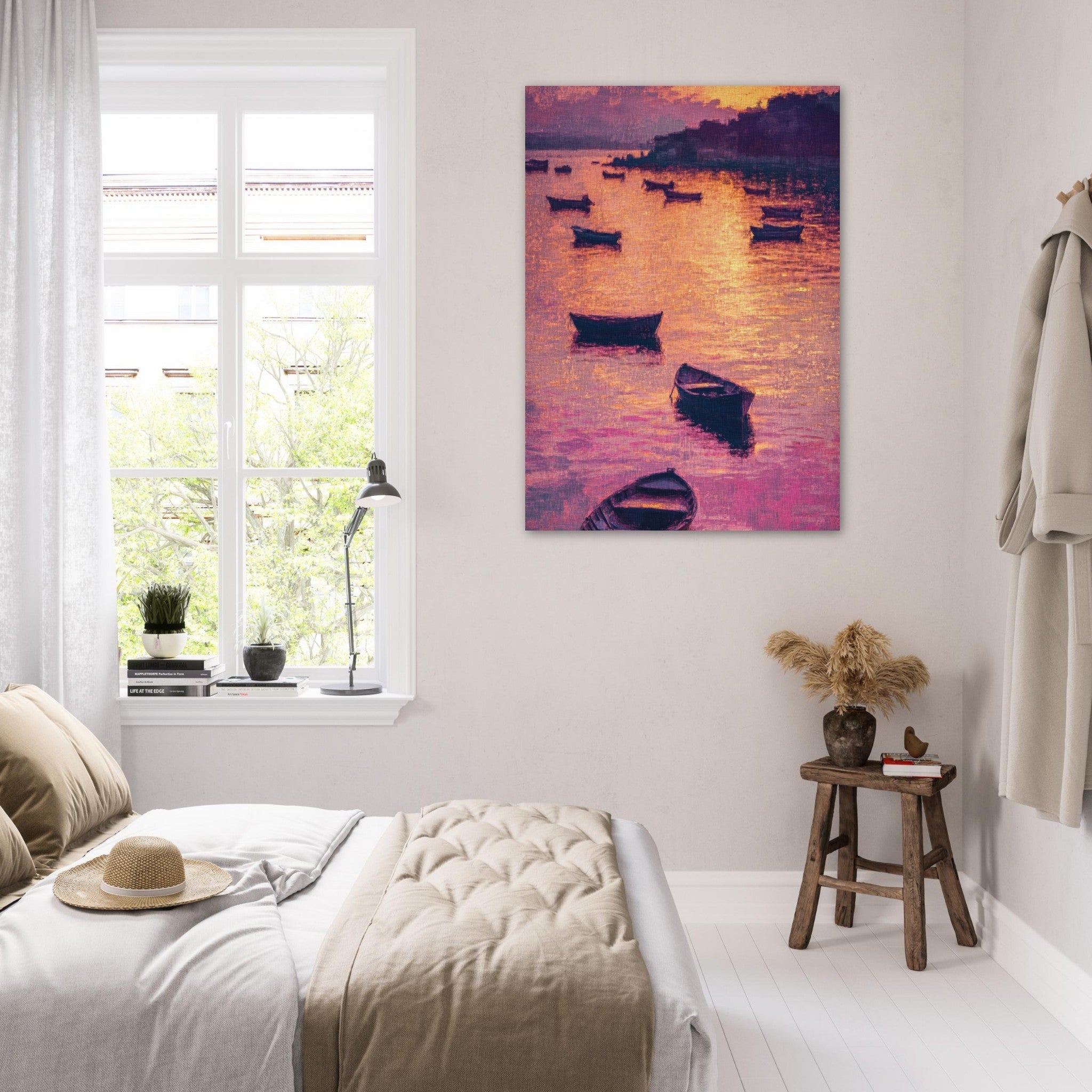 Fine Art Poster Portrait - Boats at Dusk A harbor filled with gently rocky - Shop Ai Art WebShop - Digital Art online Store