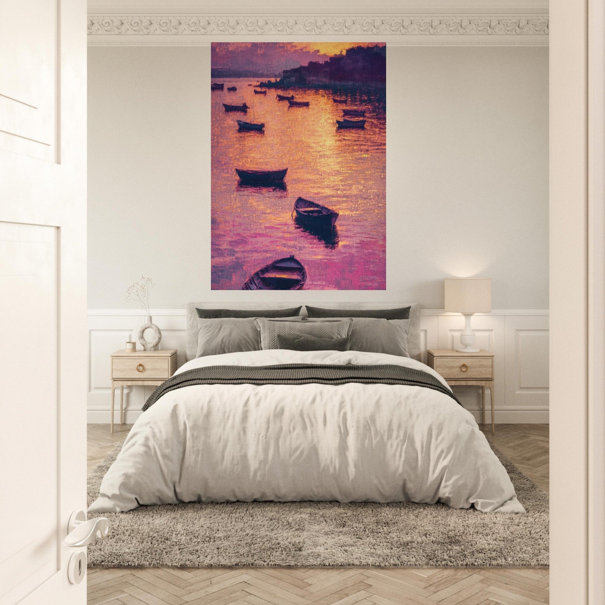 Fine Art Poster Portrait - Boats at Dusk A harbor filled with gently rocky - Shop Ai Art WebShop - Digital Art online Store