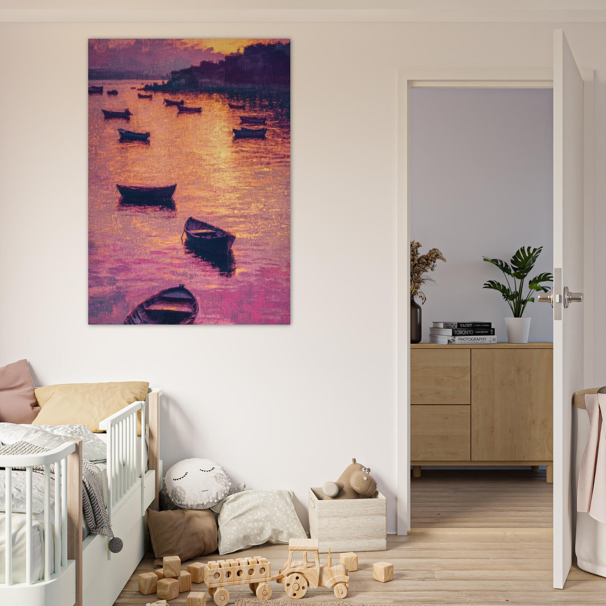 Fine Art Poster Portrait - Boats at Dusk A harbor filled with gently rocky - Shop Ai Art WebShop - Digital Art online Store