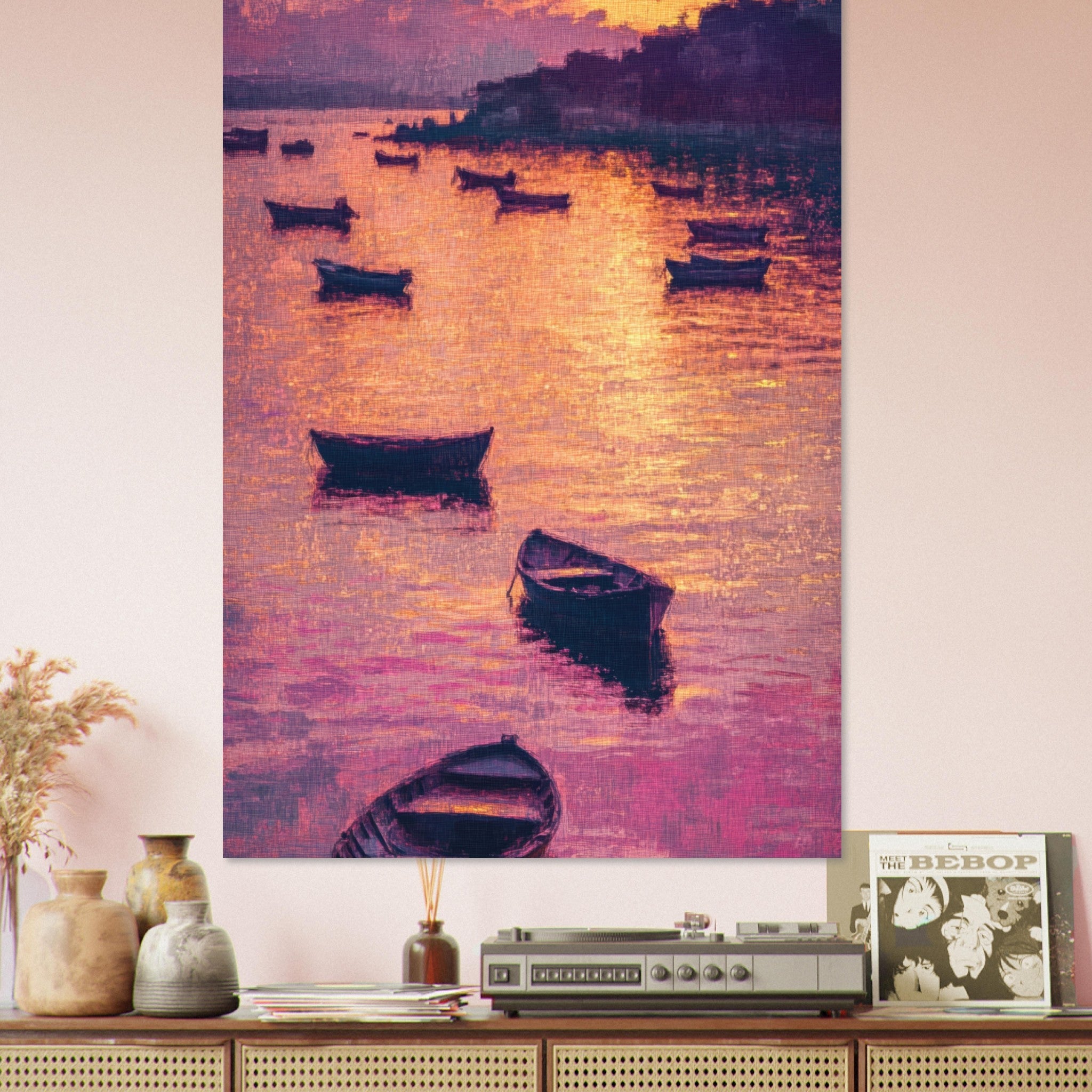 Fine Art Poster Portrait - Boats at Dusk A harbor filled with gently rocky - Shop Ai Art WebShop - Digital Art online Store