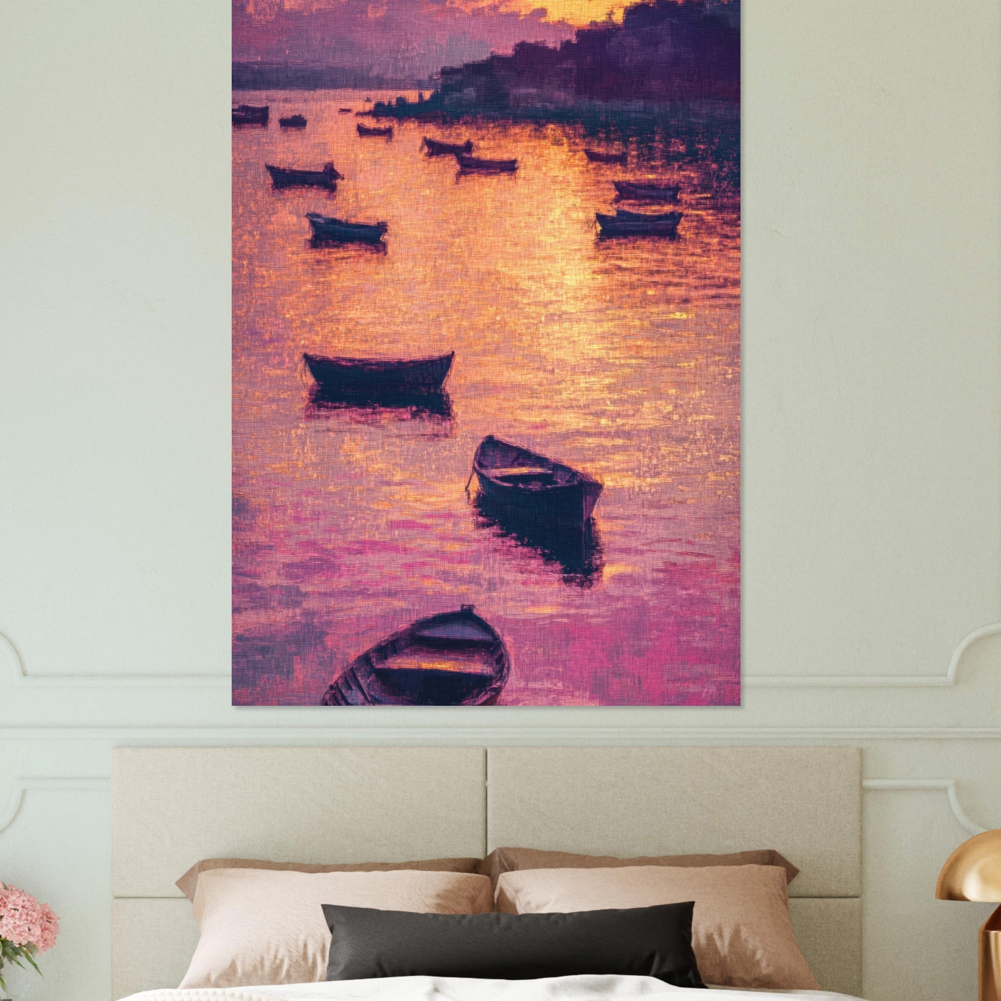 Fine Art Poster Portrait - Boats at Dusk A harbor filled with gently rocky - Shop Ai Art WebShop - Digital Art online Store