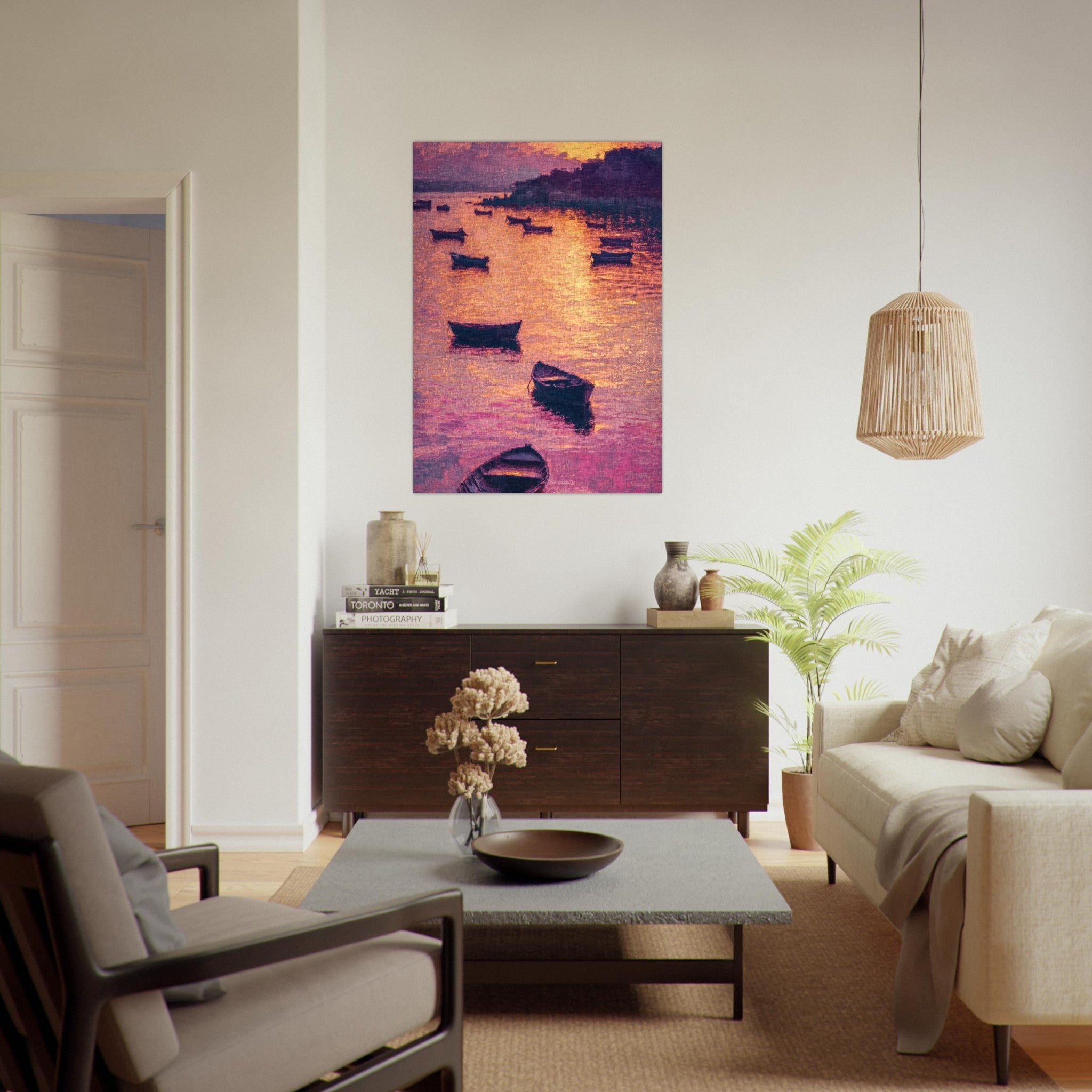 Fine Art Poster Portrait - Boats at Dusk A harbor filled with gently rocky - Shop Ai Art WebShop - Digital Art online Store