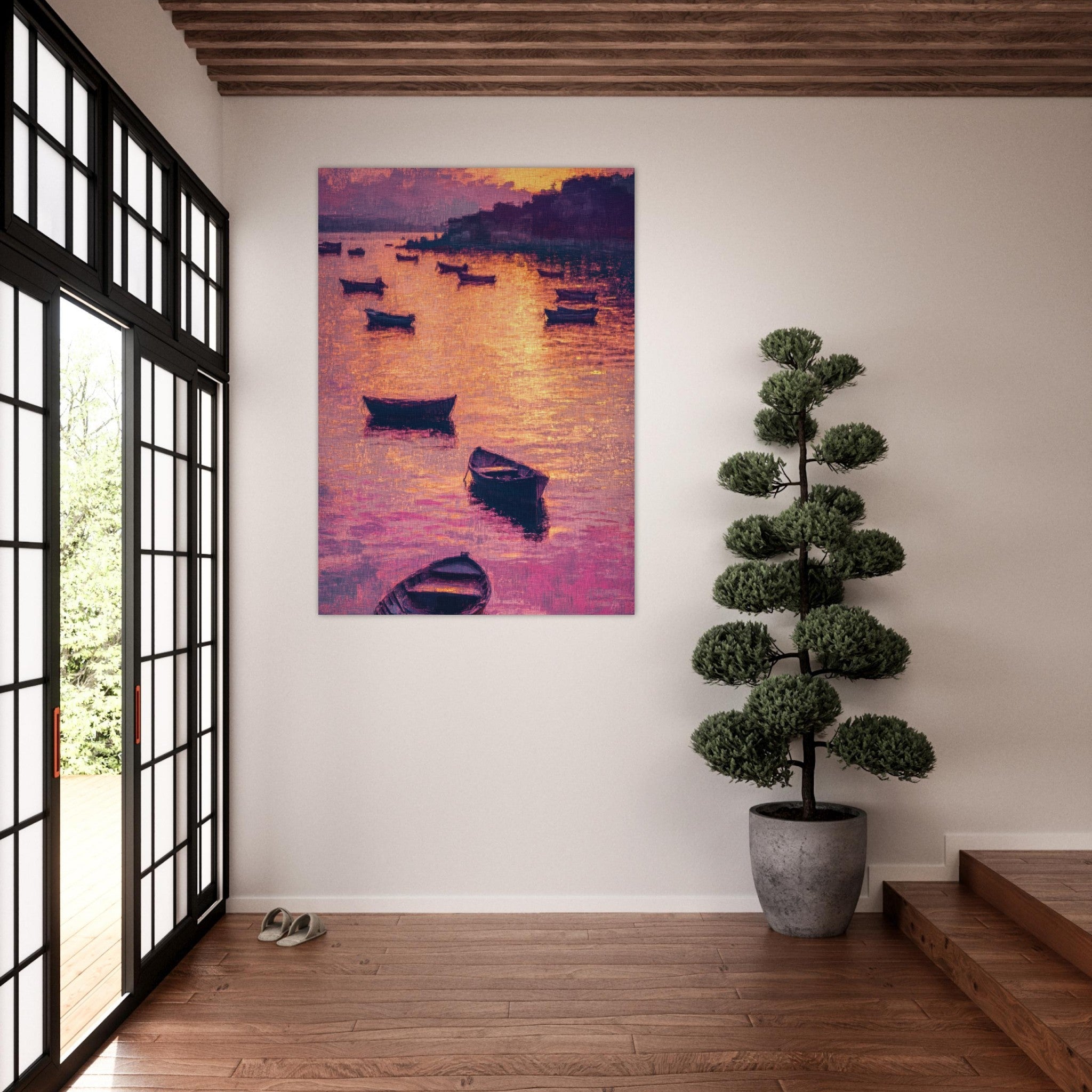 Fine Art Poster Portrait - Boats at Dusk A harbor filled with gently rocky - Shop Ai Art WebShop - Digital Art online Store