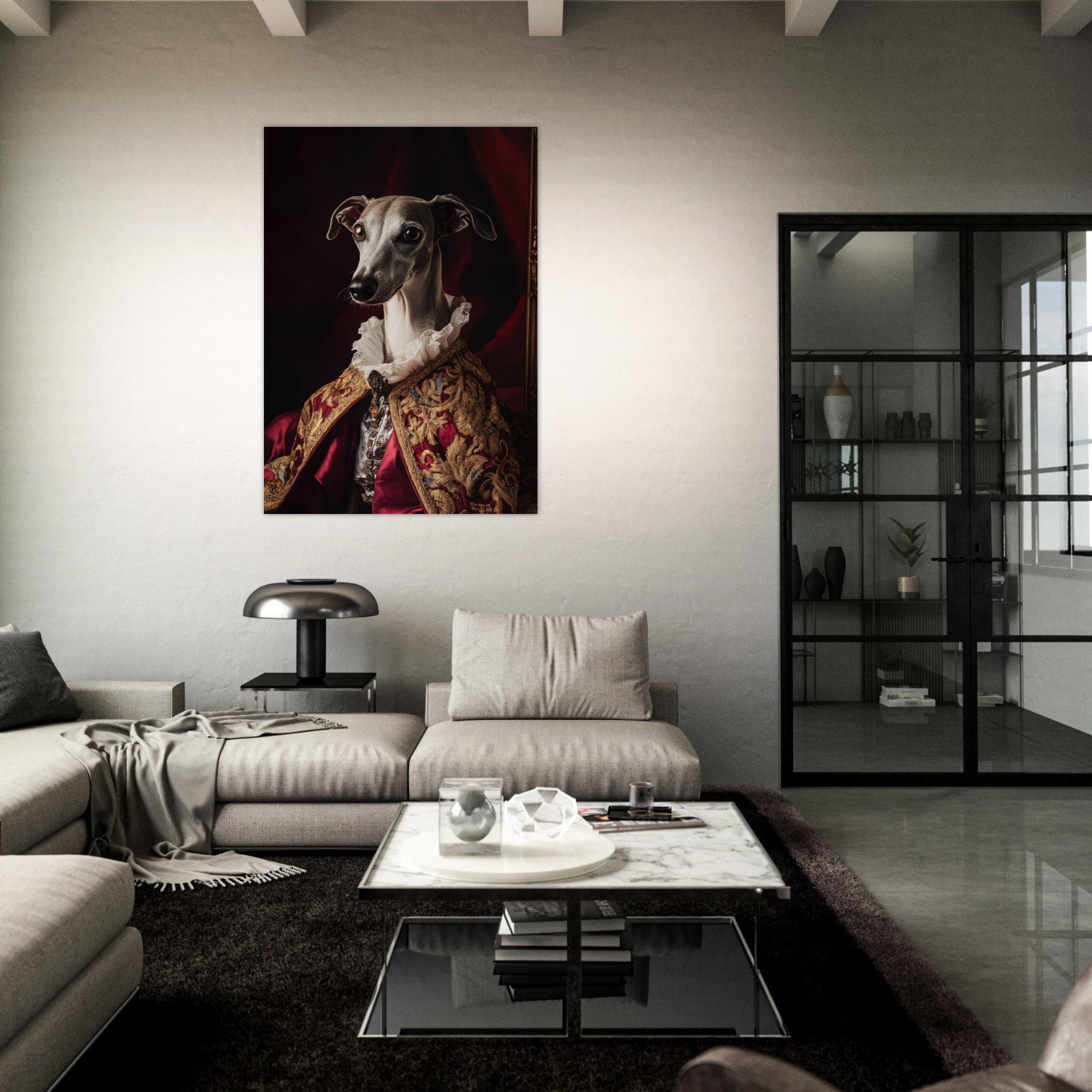 Fine Art Poster Portrait - Elegant Baroque Greyhound Portrait A sleek grey 3 - Shop Ai Art WebShop - Digital Art online Store