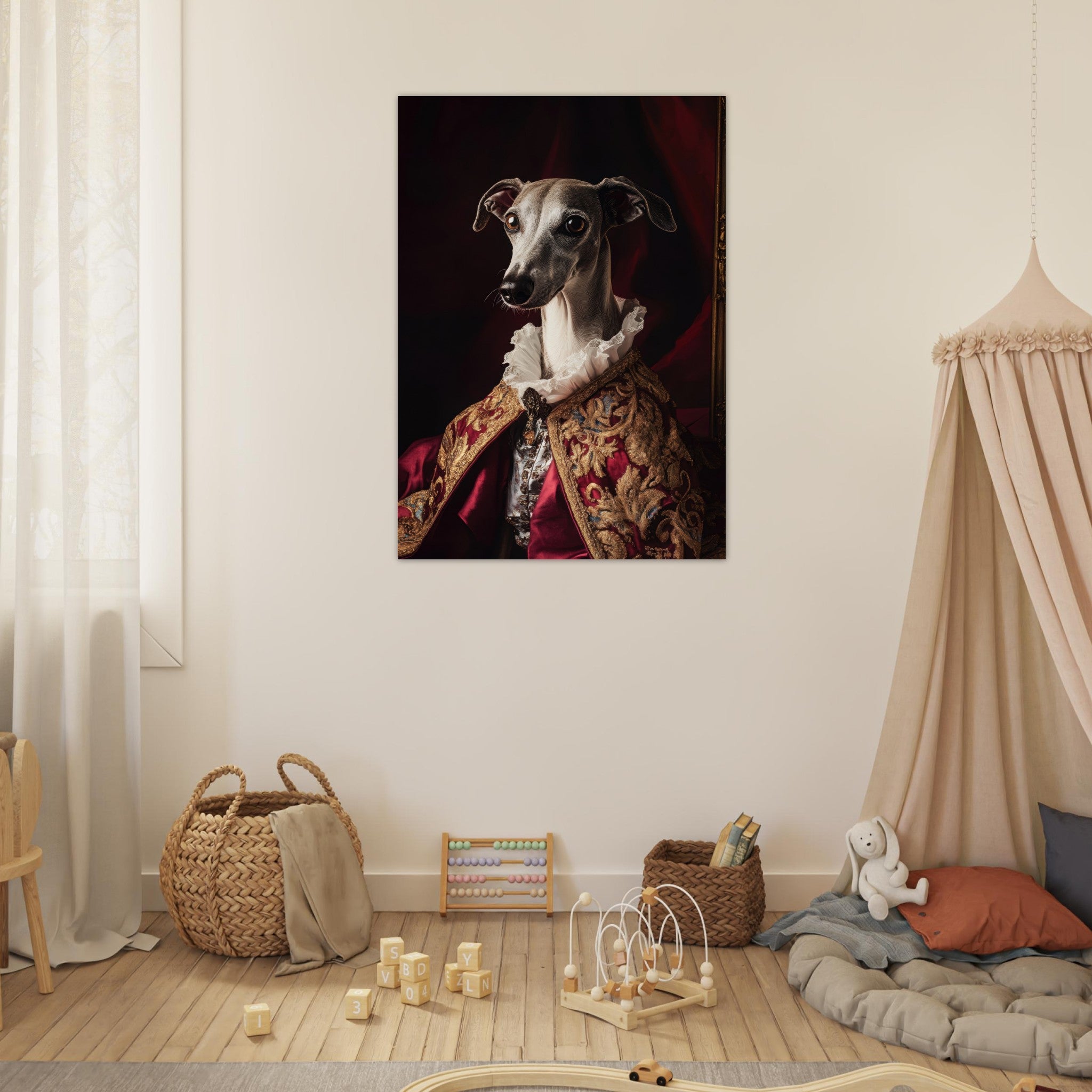 Fine Art Poster Portrait - Elegant Baroque Greyhound Portrait A sleek grey 3 - Shop Ai Art WebShop - Digital Art online Store
